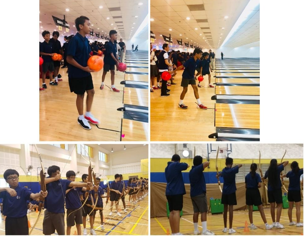 Students in blue uniforms bowling at a lane alley and practicing archery with bows in a gymnasium.