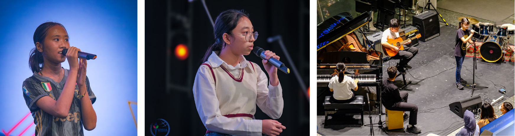 Three panels show young students performing: two girls singing into microphones and a band playing piano, guitar, and drums on stage.