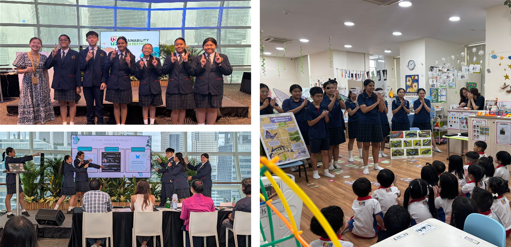 Students in uniforms present projects at a sustainability festival and teach young children about butterfly life cycles.
