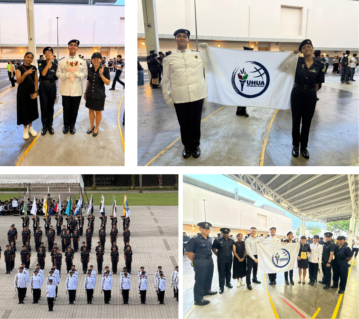 Students in black and white uniforms at a UHUA Secondary School parade, holding the school flag and standing in formation.