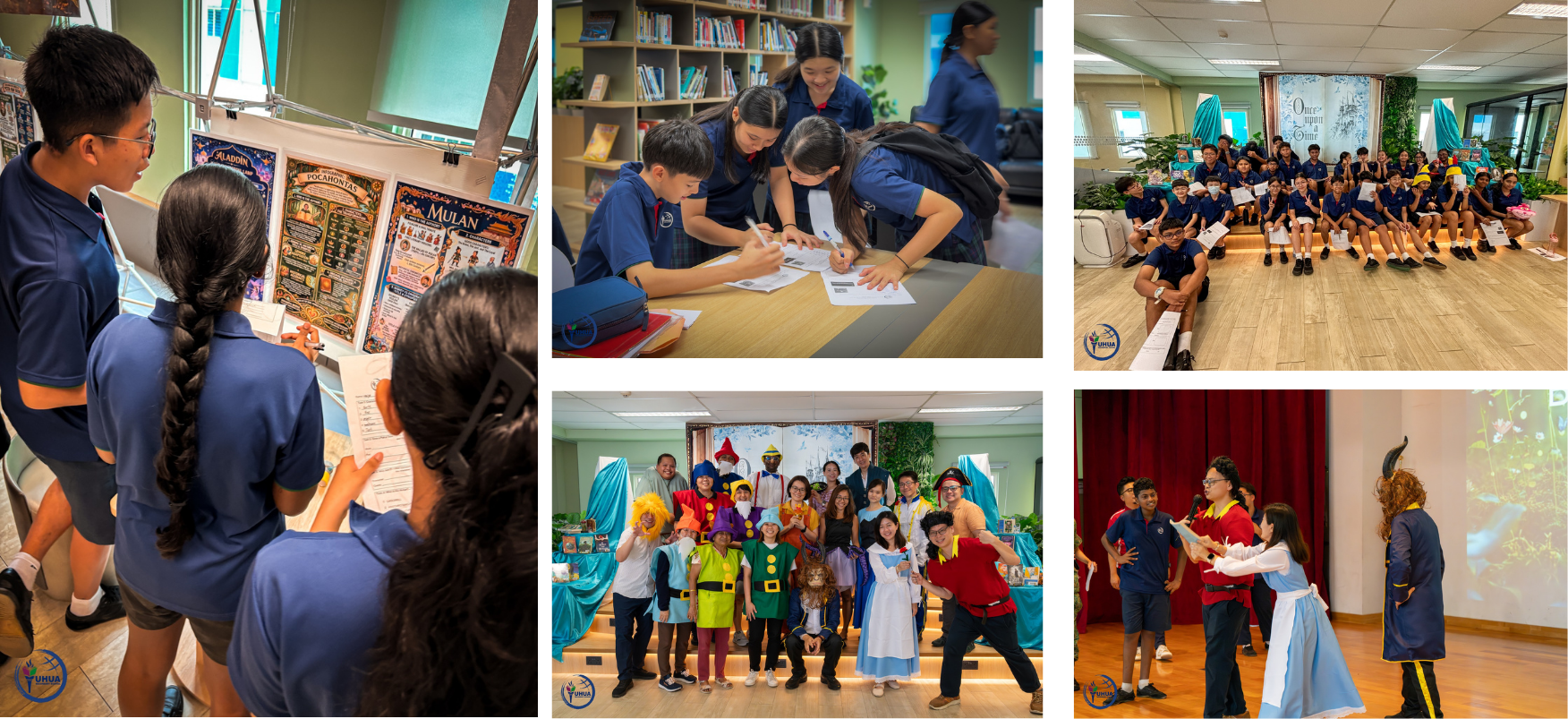 Students in blue uniforms study posters, write at a library table, pose in fairy tale costumes, and perform on stage.