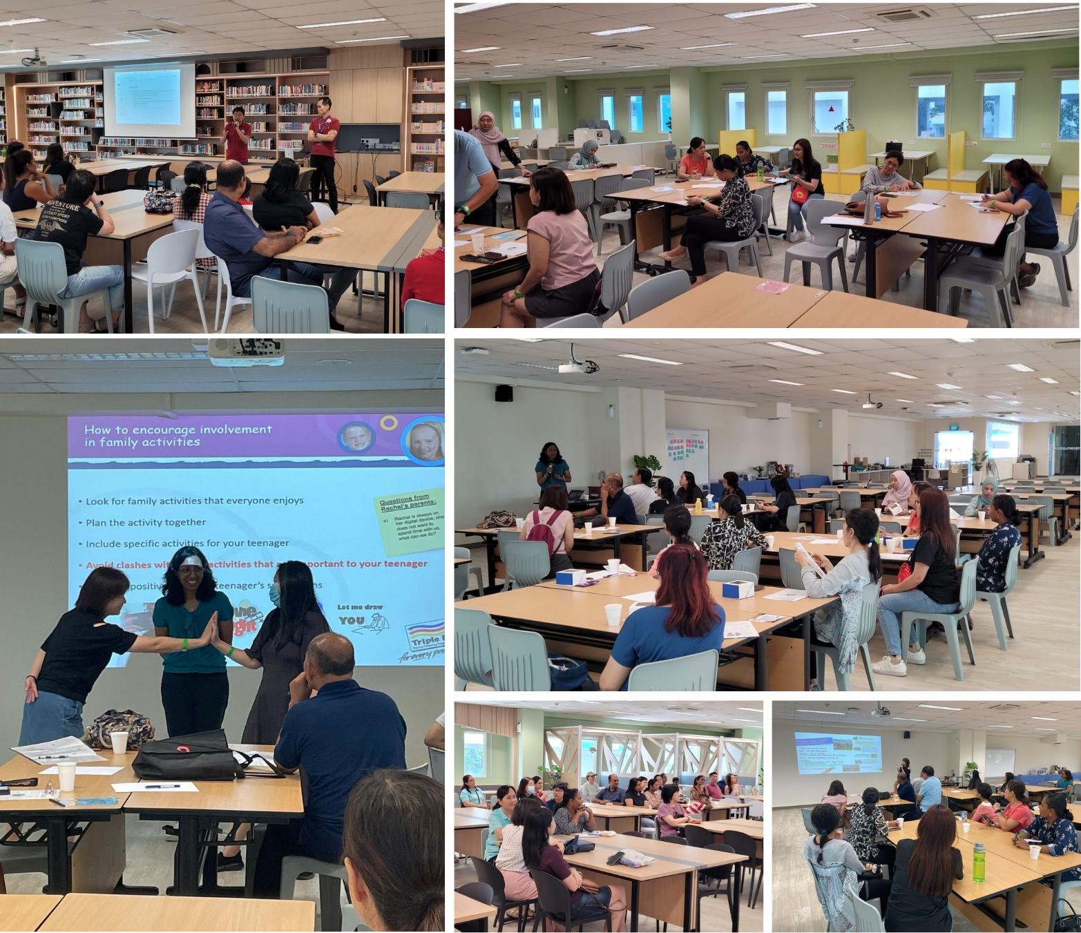 Collage of workshop scenes in a library classroom: adults seated at tables, presenters at a screen, group activity.