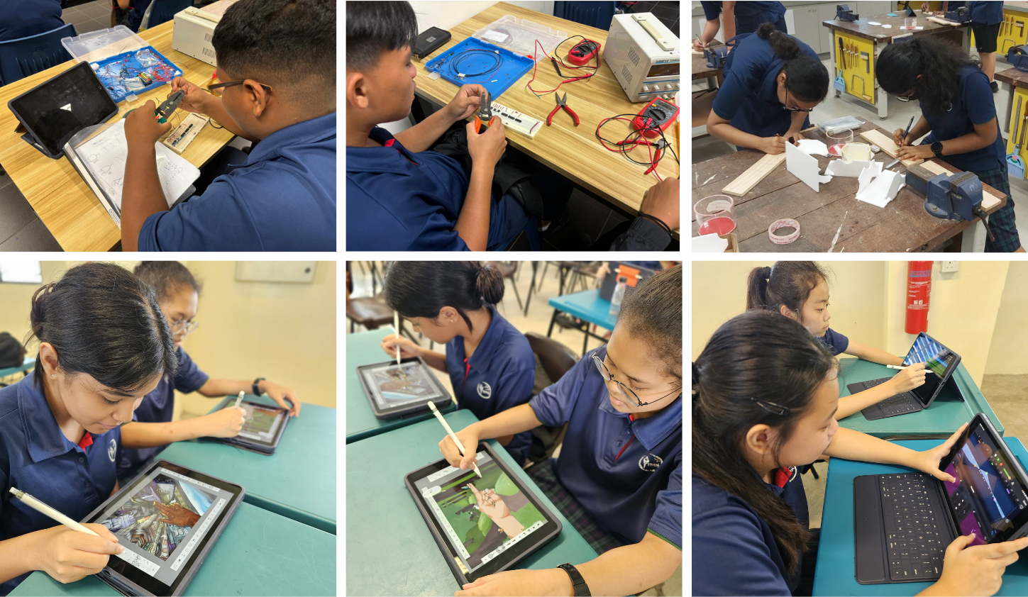 Students in blue uniforms work on electronics with tools and draw on tablets using styluses in a classroom.