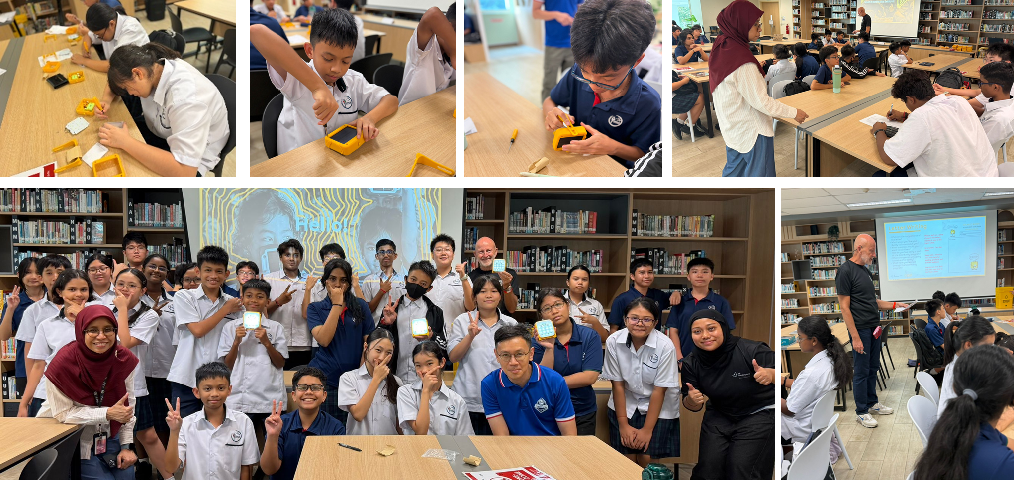 Collage of students assembling yellow devices at tables, with a class photo and instructor presenting in a library.