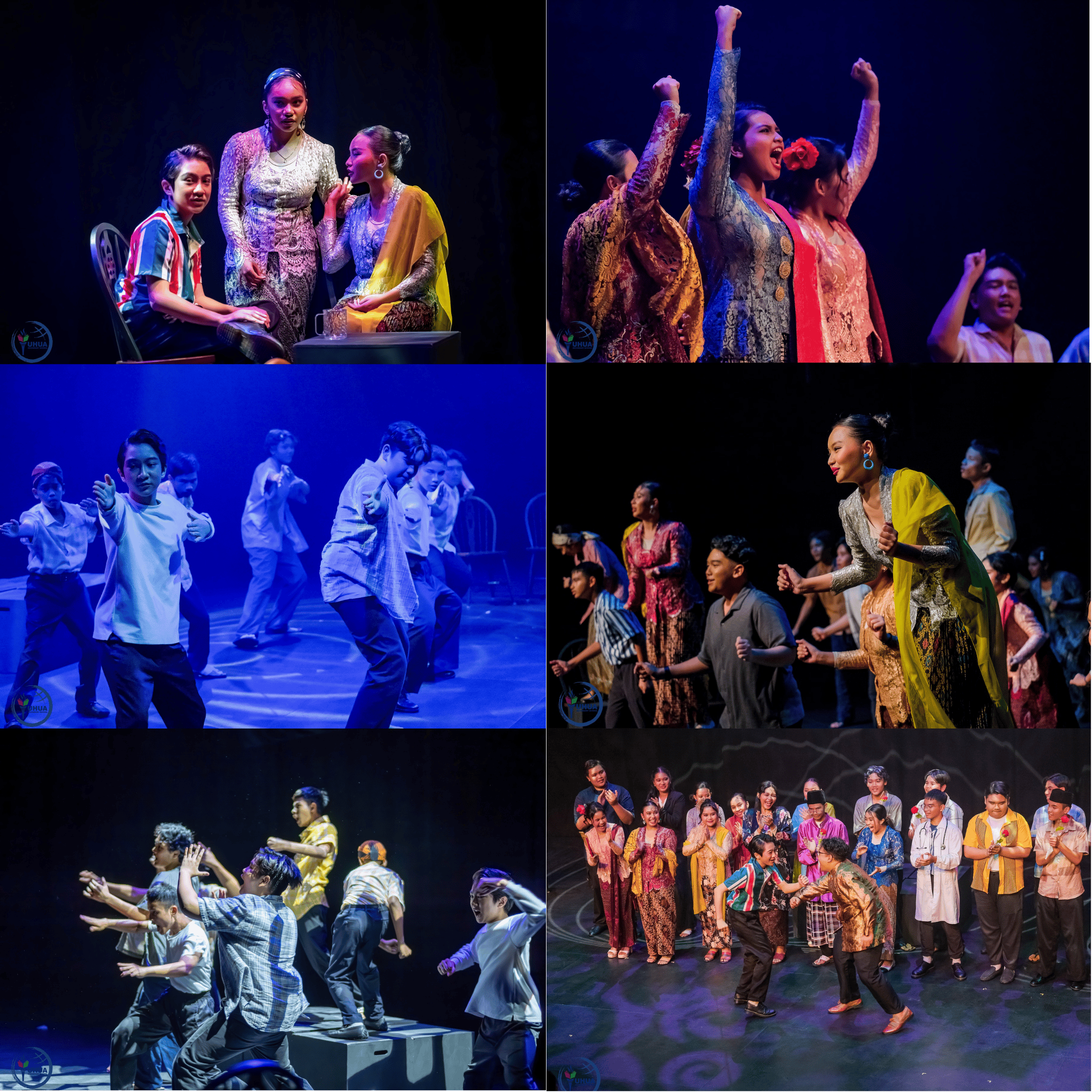 Six collaged photos of a theatrical stage performance with performers in colorful traditional costumes dancing and acting.
