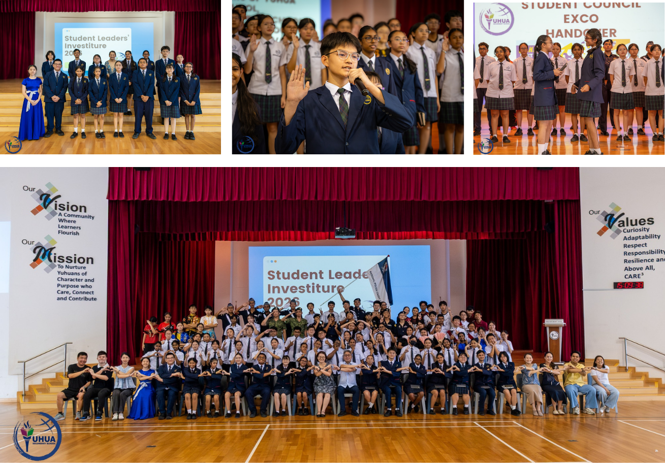 Students in school uniforms pose on a stage during Yuhua Secondary School Student Leaders Investiture ceremony.