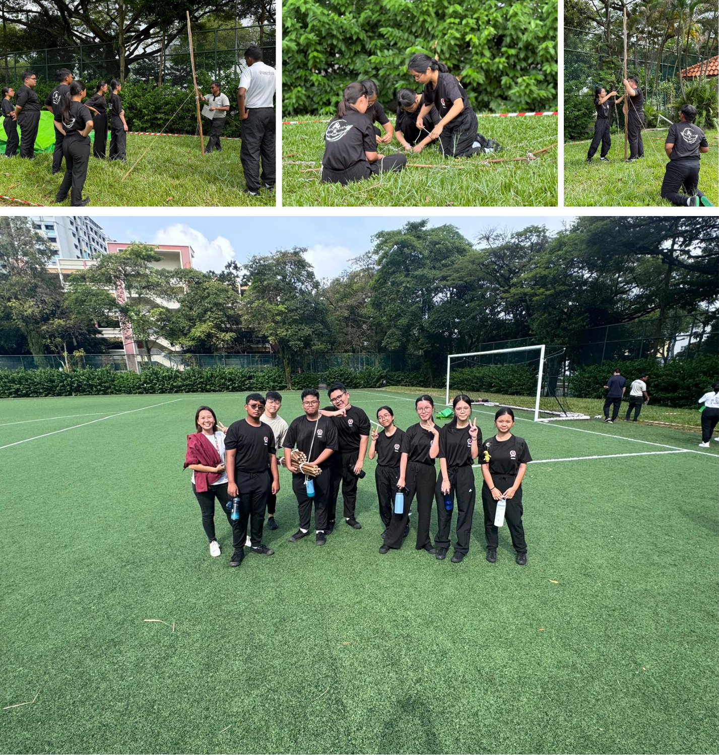 Collage of people in black training outdoors, then a group photo on a soccer field near a goal.