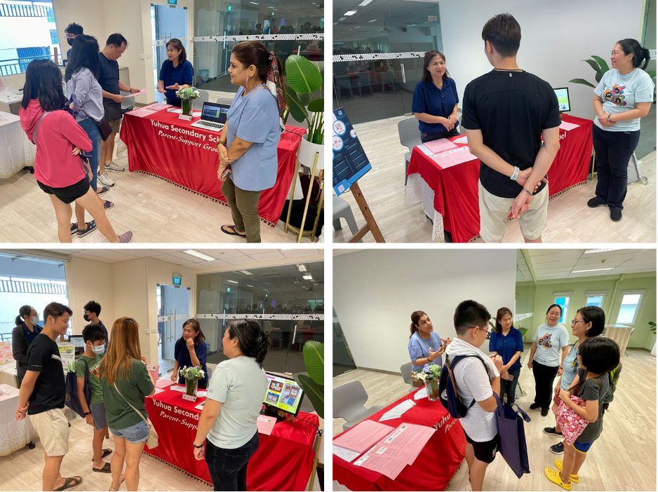 Four photos of people gathered around a Yuhua Secondary School Parent Support Group booth with a red tablecloth.