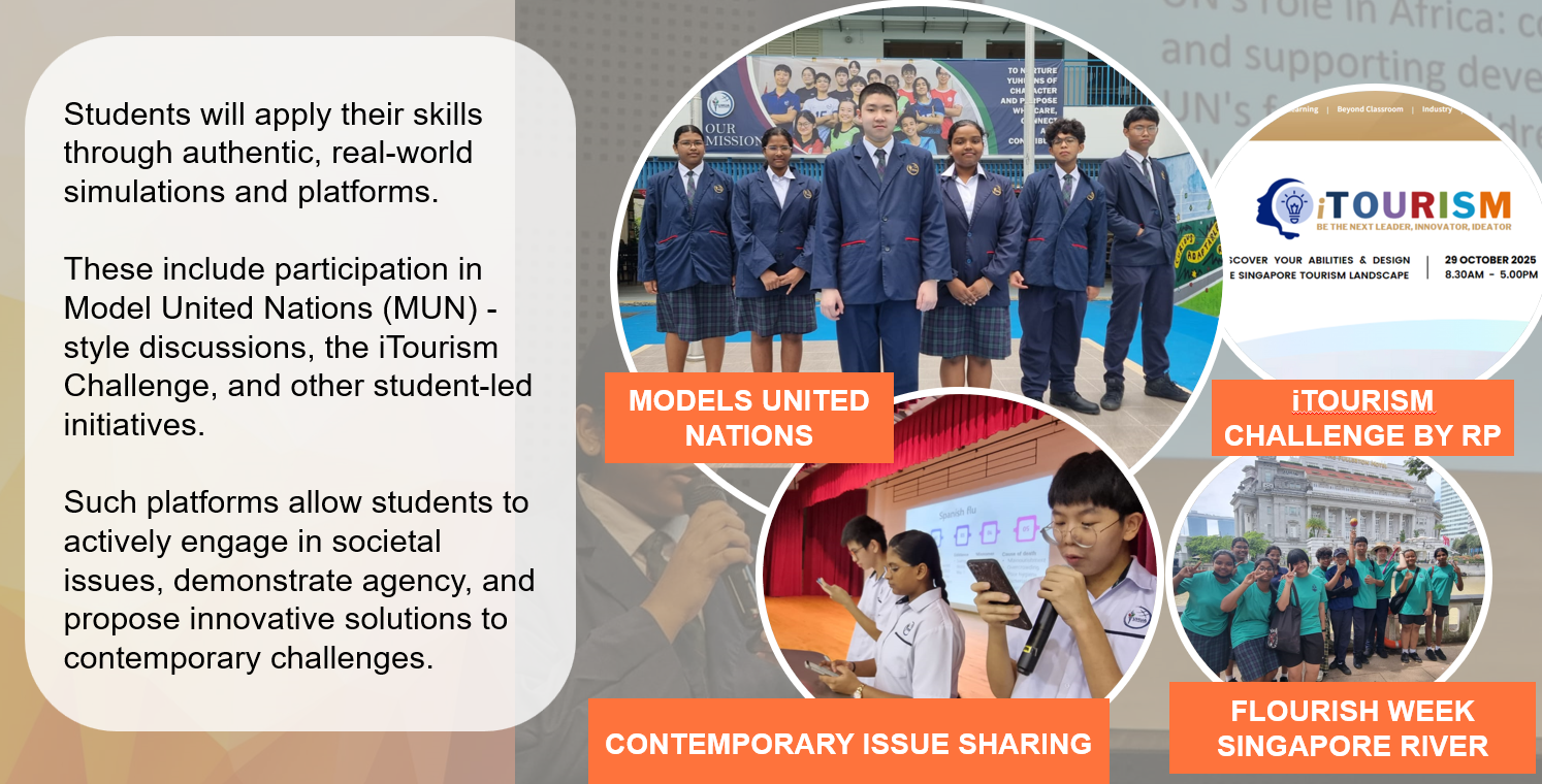 Four circular photos show students in MUN, iTourism Challenge, issue sharing, and a Singapore River field trip.