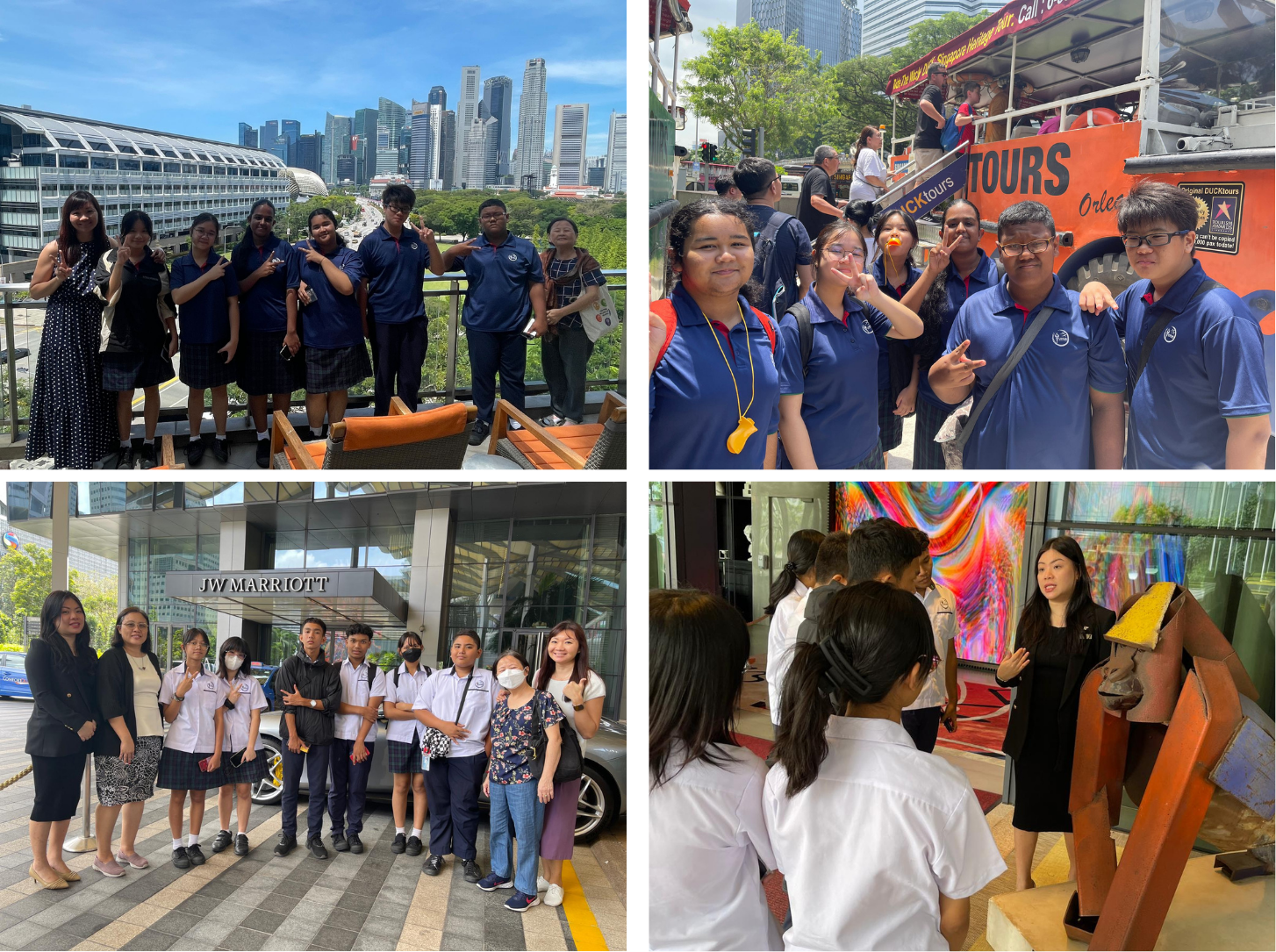 Collage of student group photos: by city skyline, beside orange tour bus, at JW Marriott, and museum talk.