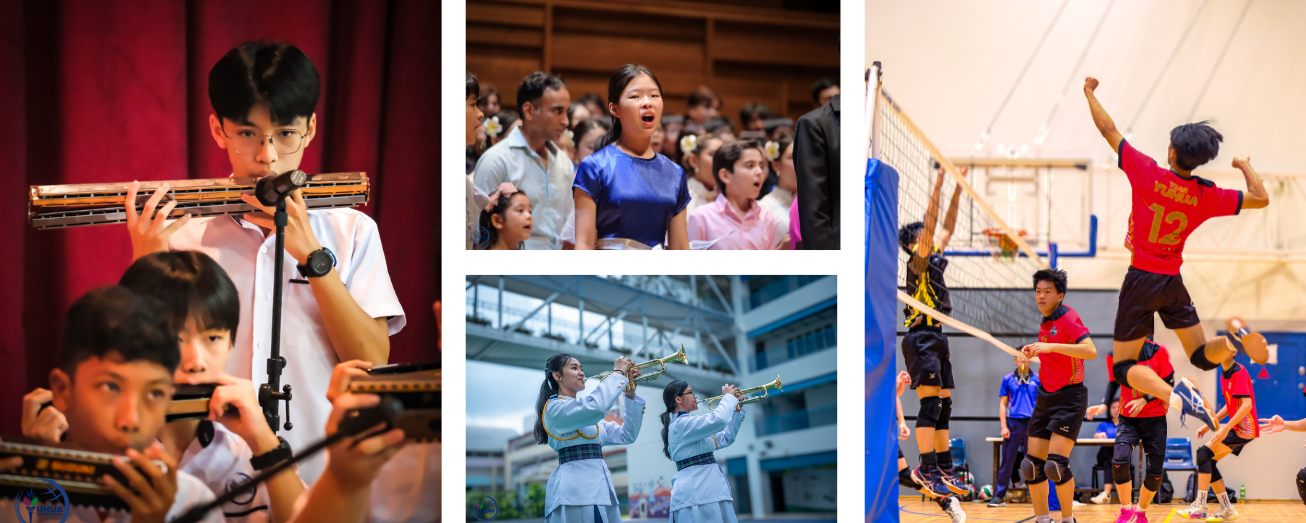 Four school activity scenes: students playing harmonica, singing in choir, playing trumpets, and competing in volleyball.