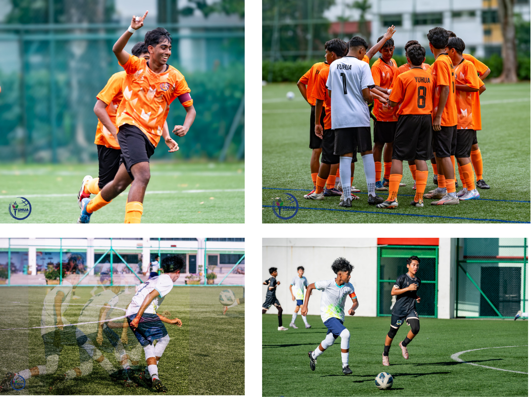 Four soccer scenes showing Yuhua team players celebrating, huddling, and competing in matches on green fields.