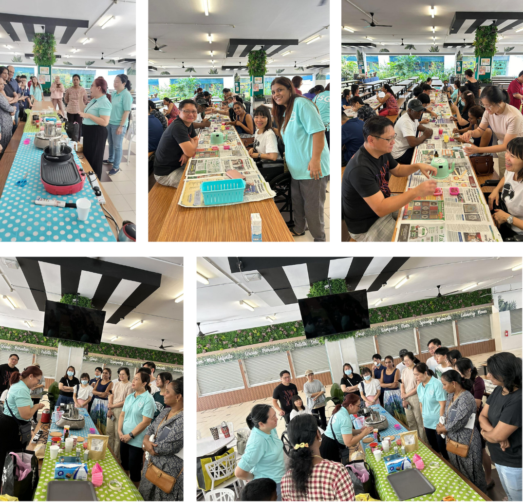 Five photos of a group of people gathered at long tables in a bright indoor venue for a cooking or craft workshop.