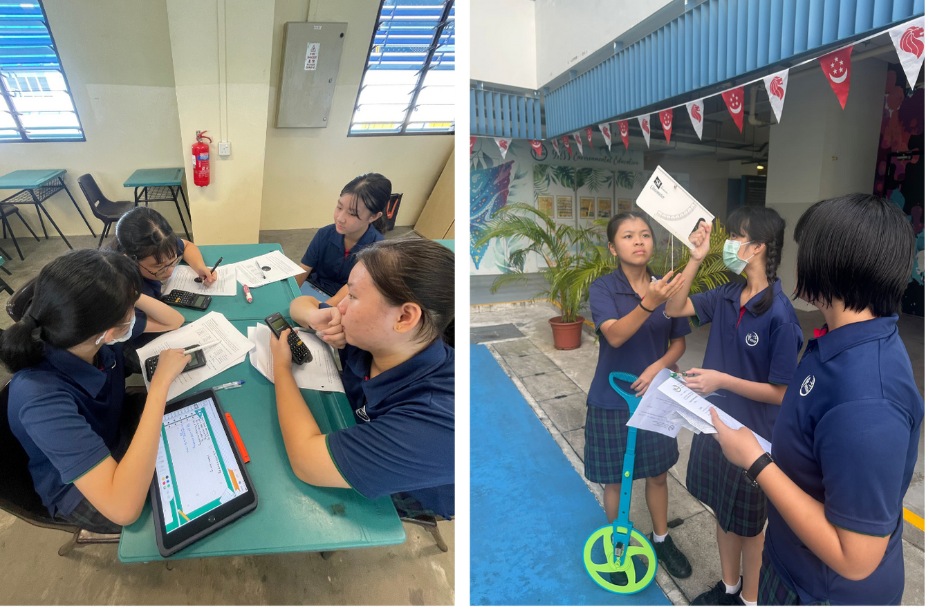 Students in navy uniforms work indoors at a table with tablets, and outdoors with a measuring wheel and papers.