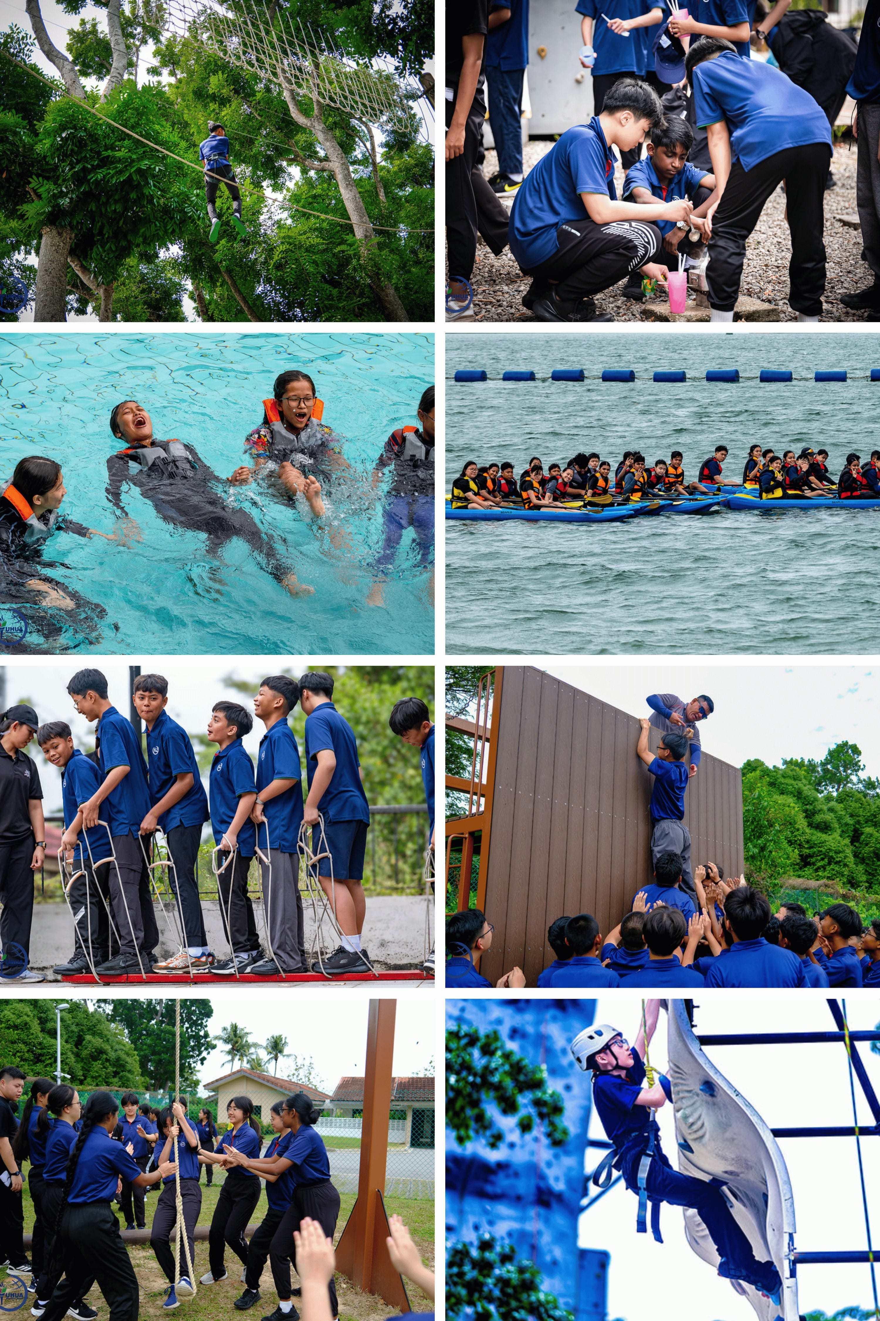 Collage of students in blue uniforms doing outdoor activities: ropes course, swimming, kayaking, and wall climbing