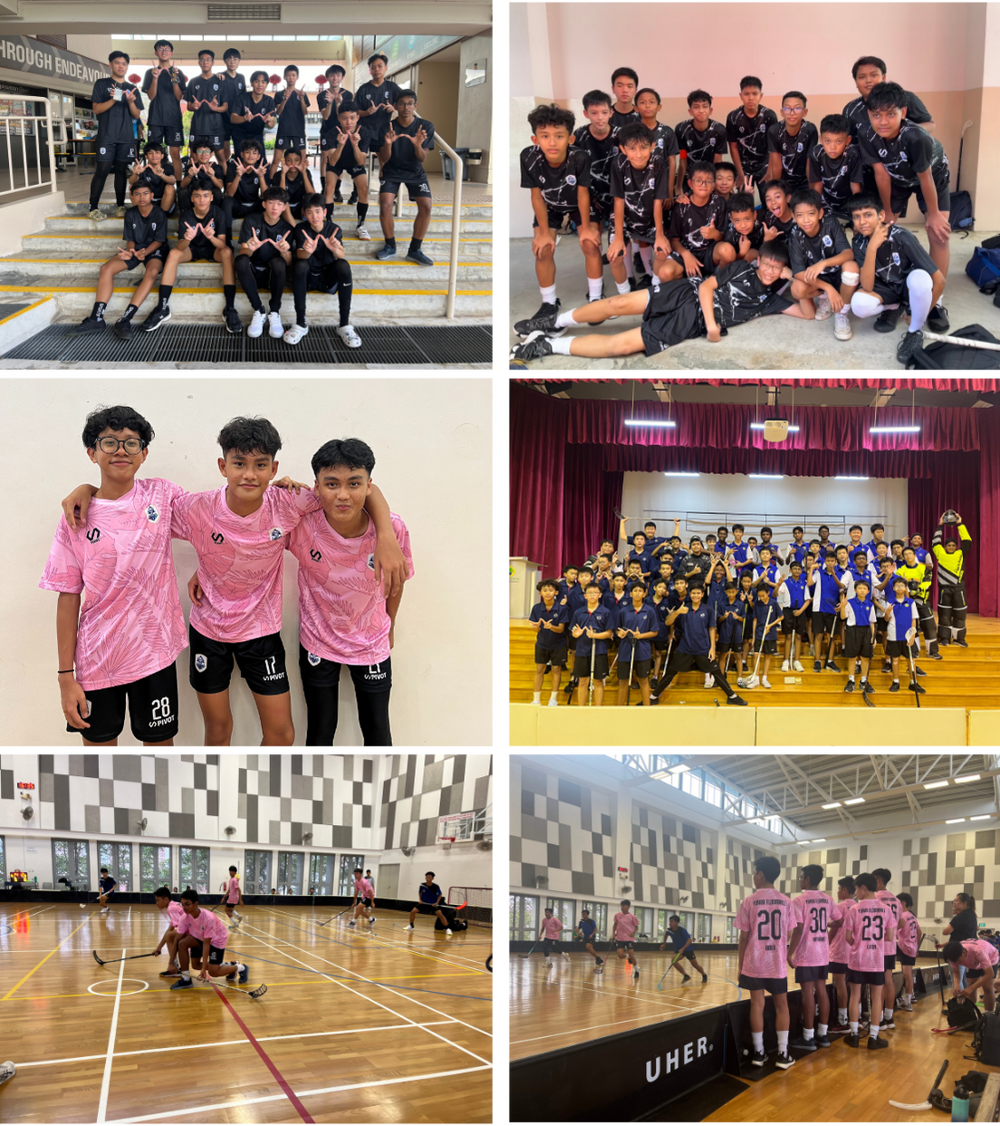 Six photos of youth floorball teams in black and pink uniforms posing and playing indoors.