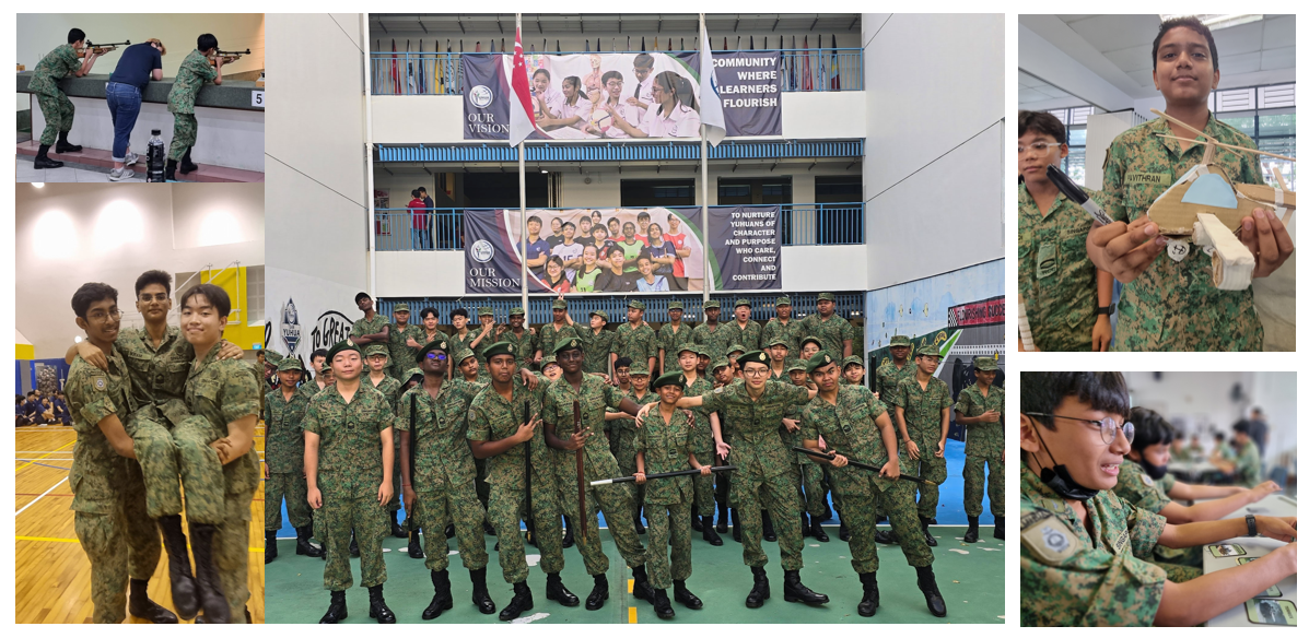 Students in camouflage uniforms posed in a school courtyard, with smaller photos showing shooting practice and crafts.