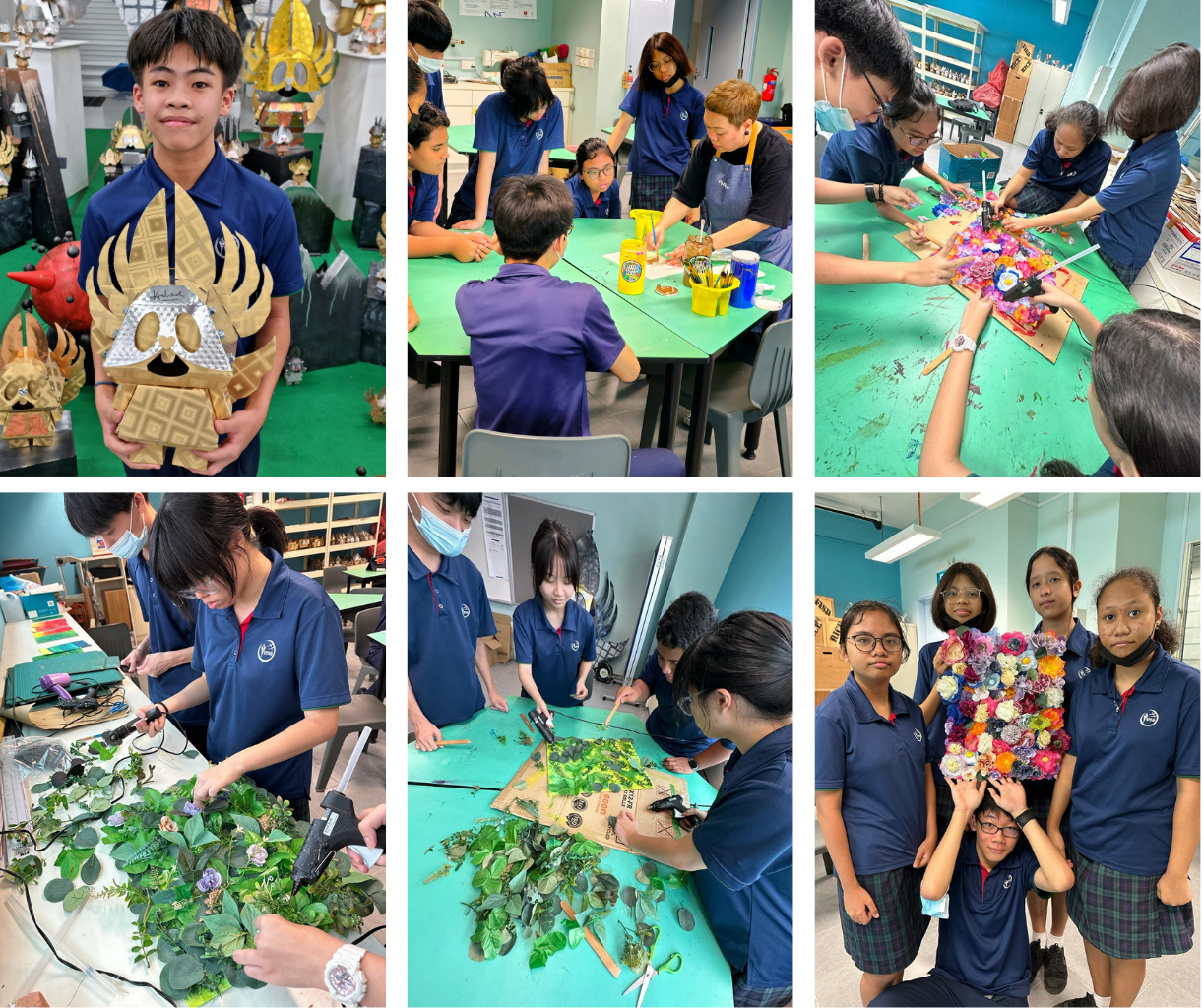 Students in blue uniforms work on art projects including floral arrangements and decorative masks in a classroom.