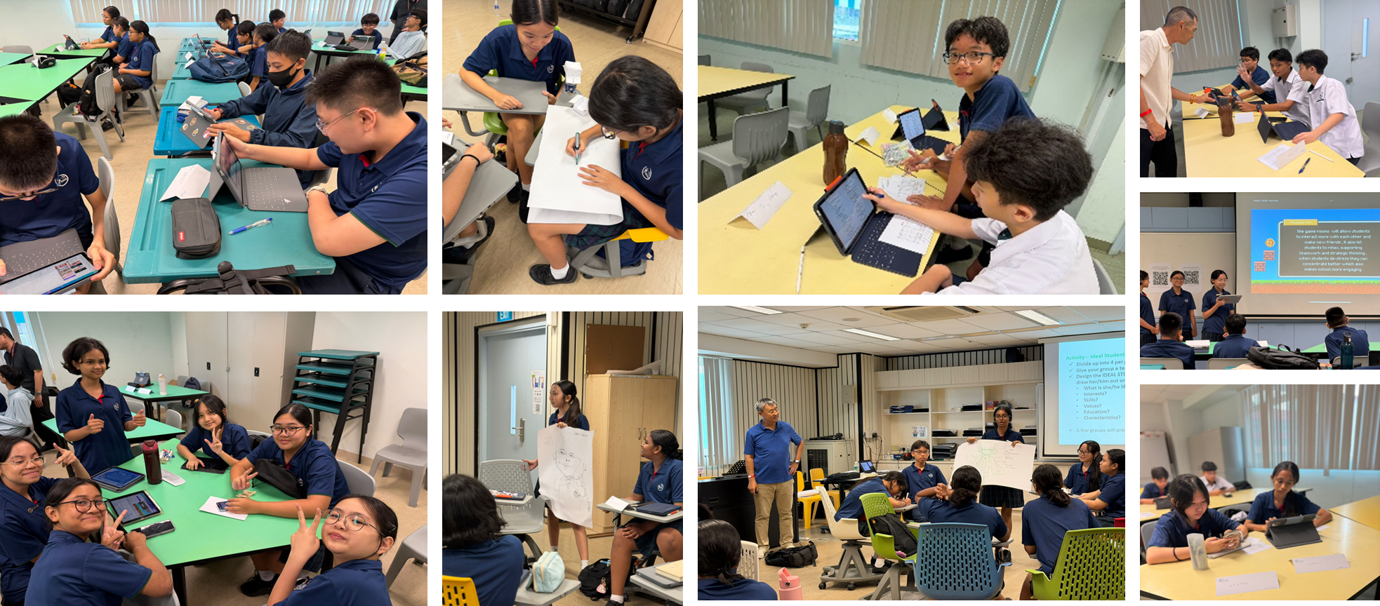 Collage of students in a classroom using tablets, writing, and presenting posters during group activities.