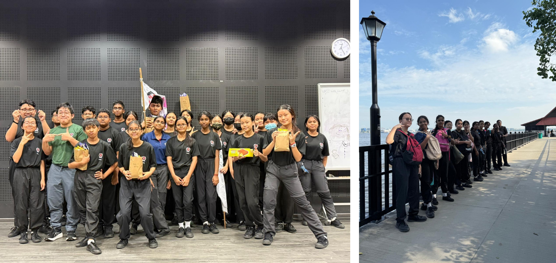 Two photos of youth in black uniforms: one group posing indoors, one standing in a line along a sunny waterfront path.