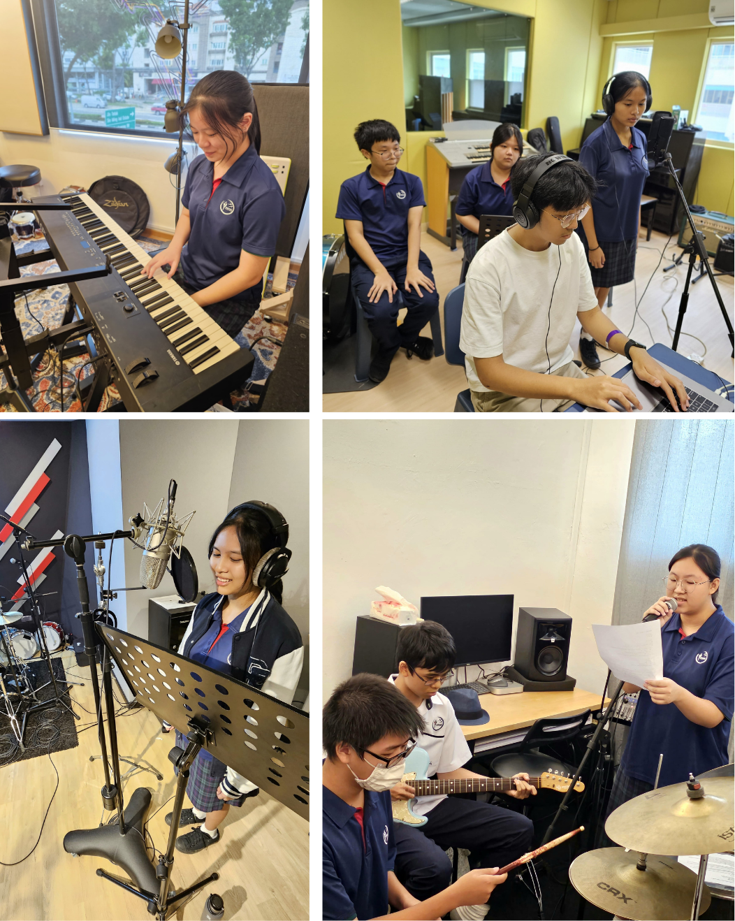 Four photos of school students in a music studio playing keyboard, guitar, drums, singing, and recording.