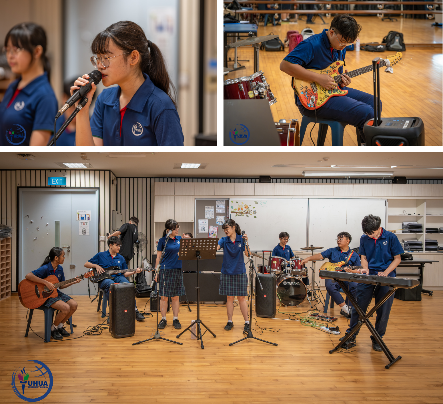 Students rehearse in a music room: singer at mic, guitarist, drummer, keyboardist, and others on stage.