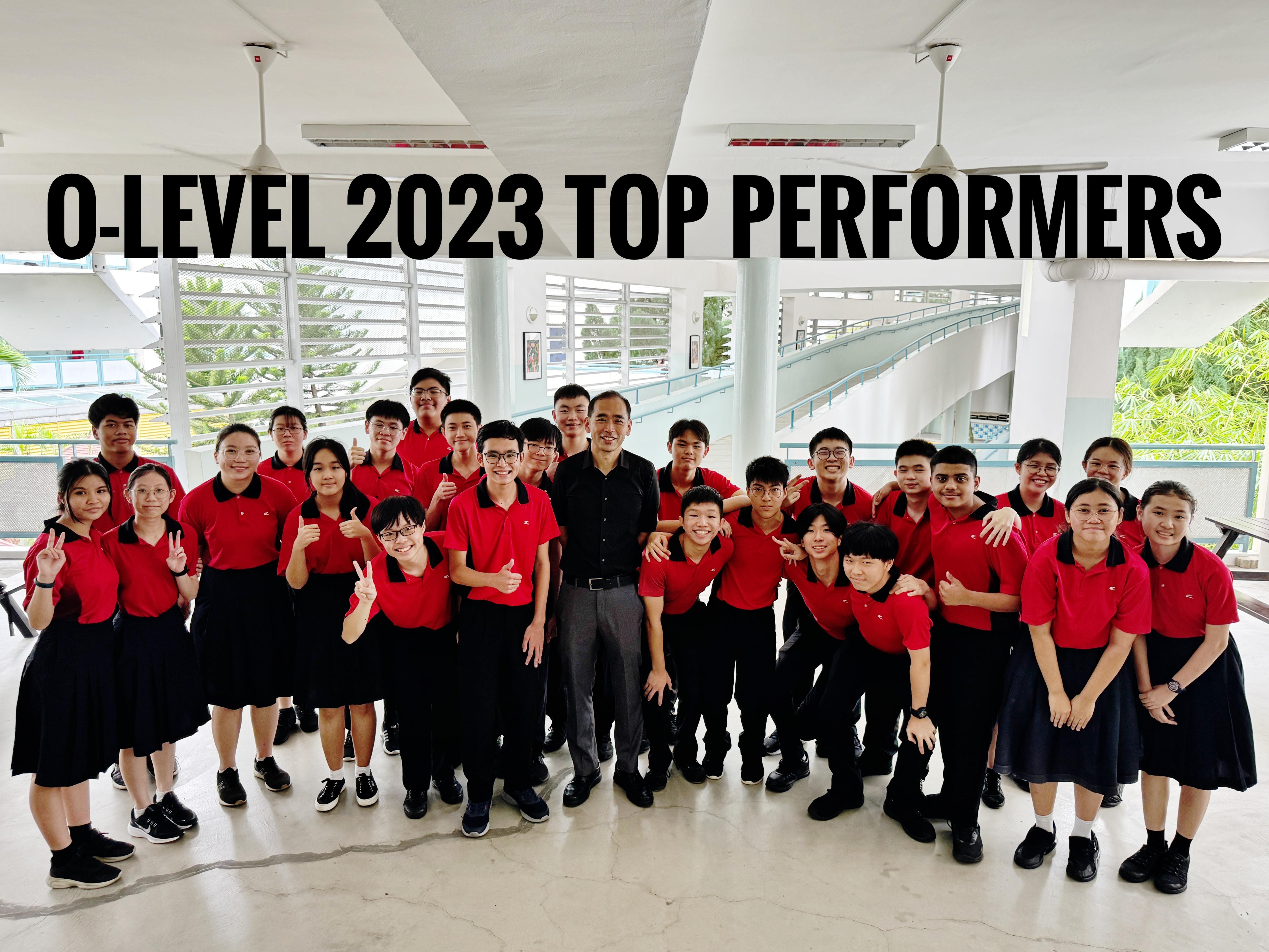 Group of students in red uniforms posing with a teacher, labeled O-Level 2023 Top Performers.