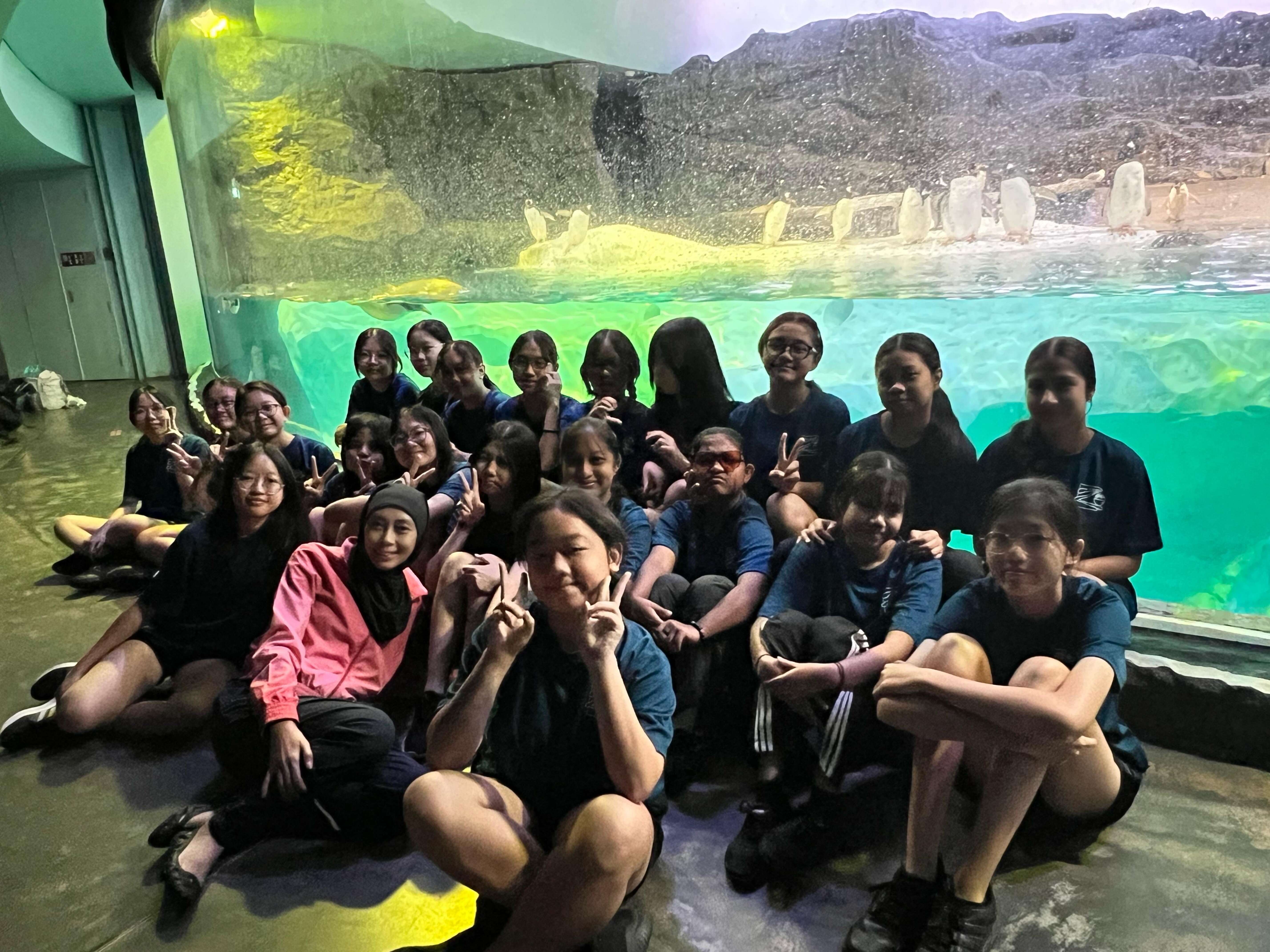 A group of about 20 students posing with peace signs in front of a large penguin exhibit tank.