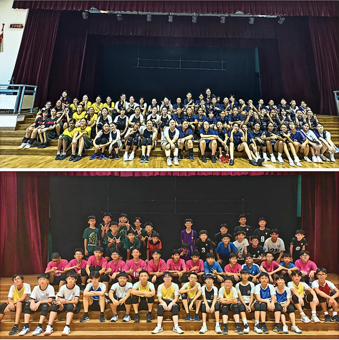 Two large groups of students in sports uniforms pose for photos on a school auditorium stage with red curtains.