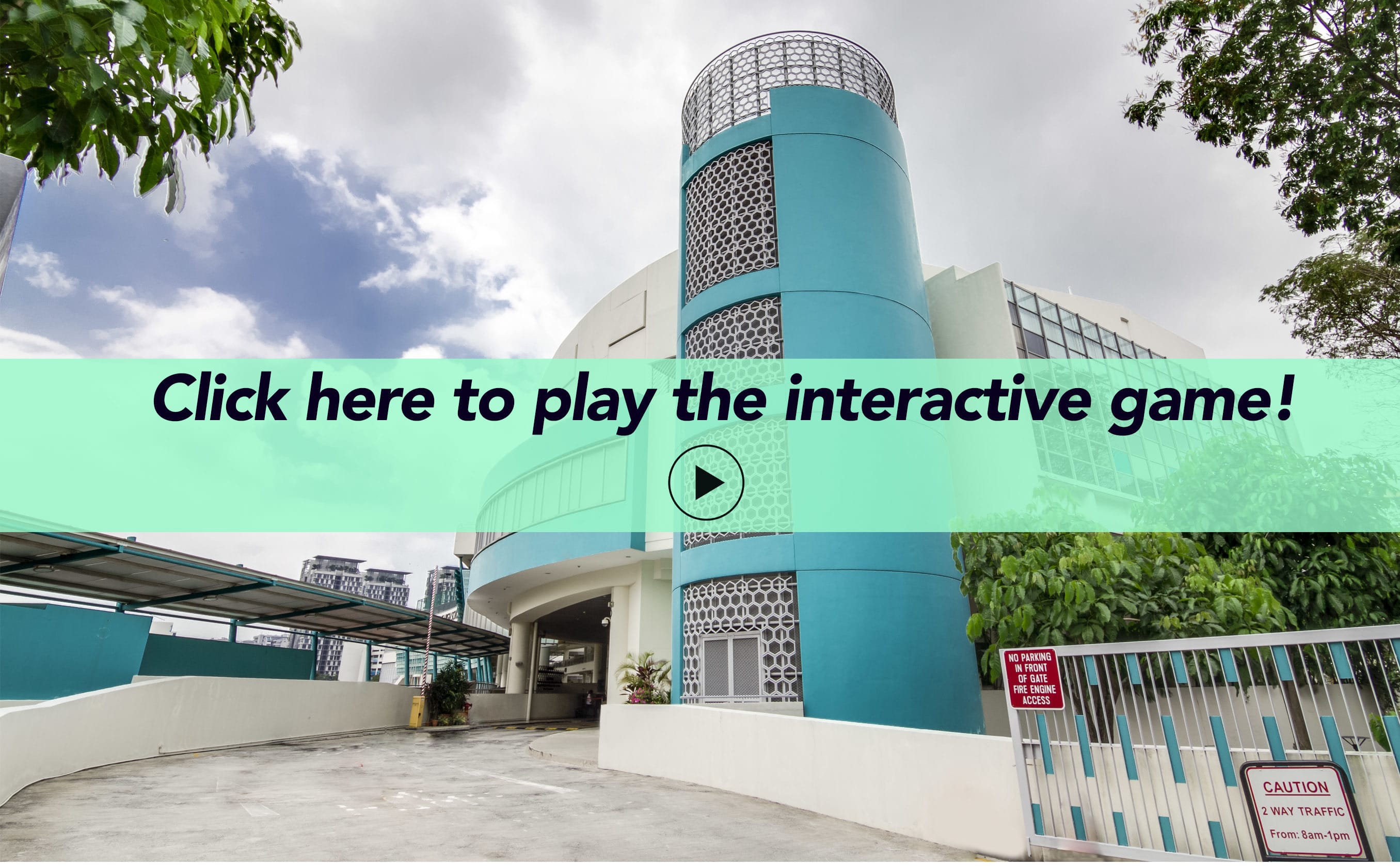 Teal and white modern building with a cylindrical tower, overlaid with a green banner and play button.
