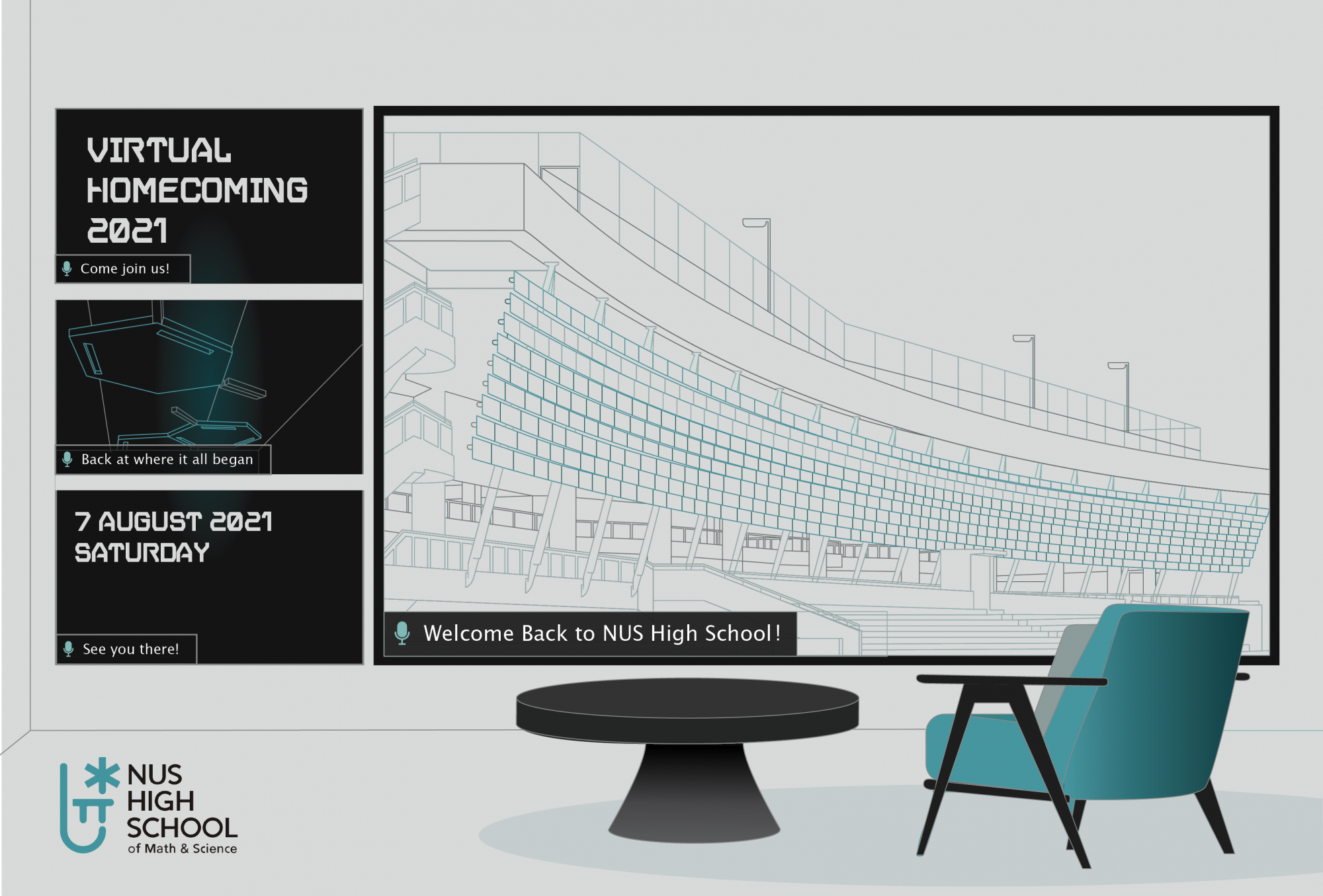 Promotional poster for NUS High School Virtual Homecoming 2021 on 7 August, showing a building sketch on screen.