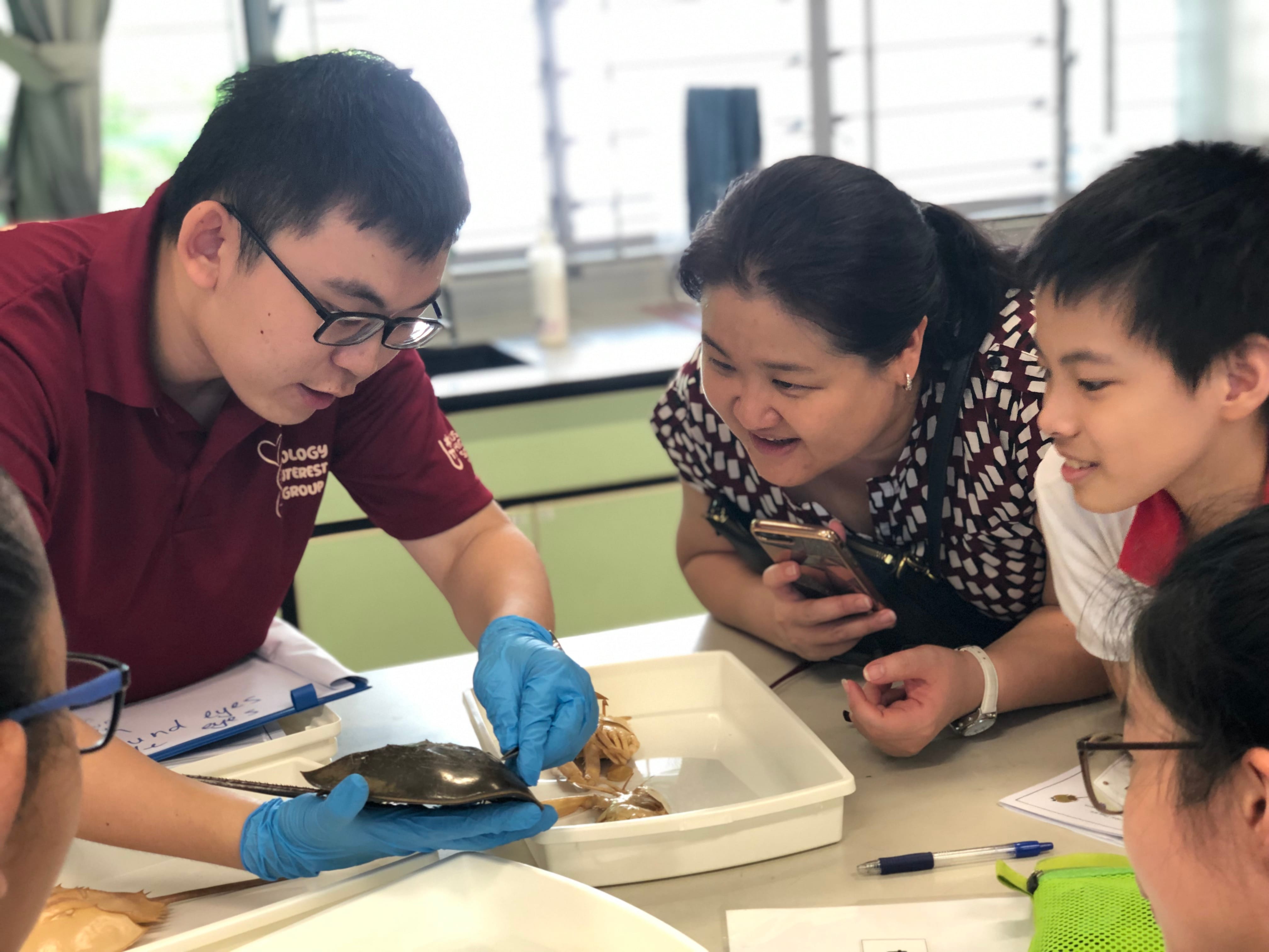 Man in blue gloves holds a crab while a woman and children lean in to watch at a classroom table.