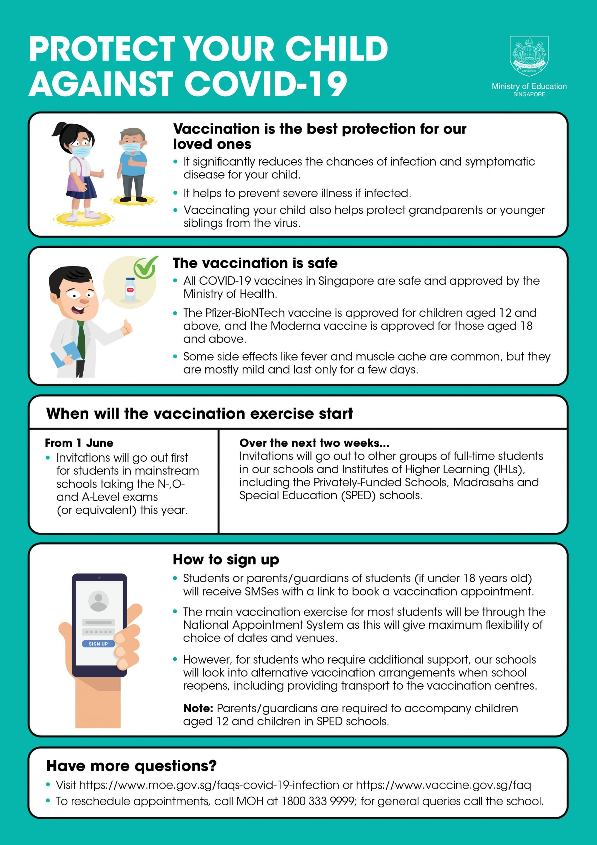 Singapore Ministry of Education flyer about protecting children against COVID-19 through vaccination, with sign-up details.