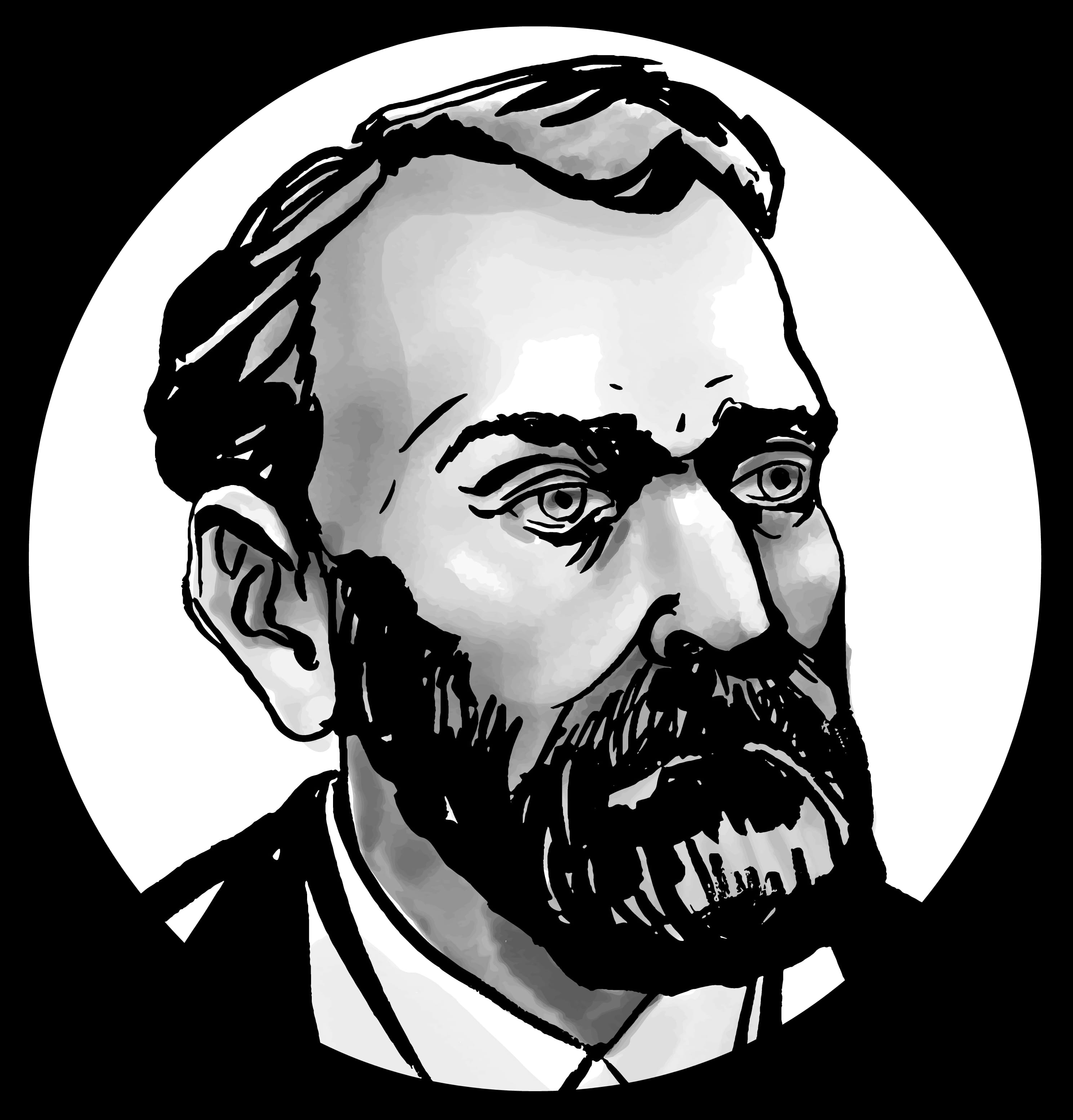 Black and white ink sketch of a middle-aged man with a thick mustache, beard, and short wavy hair.