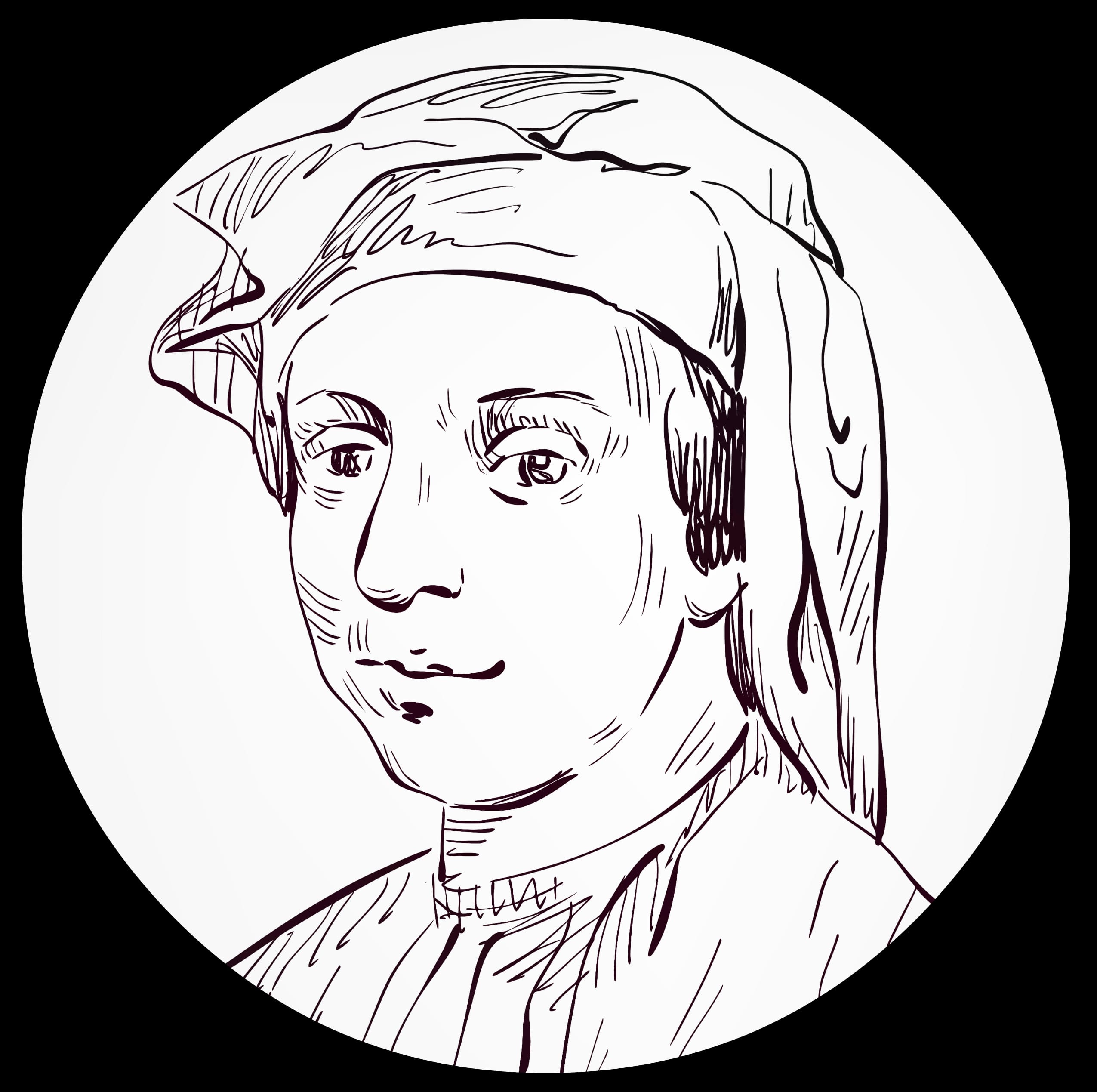 Black and white ink sketch of a person wearing a medieval-style cap, shown from the shoulders up.