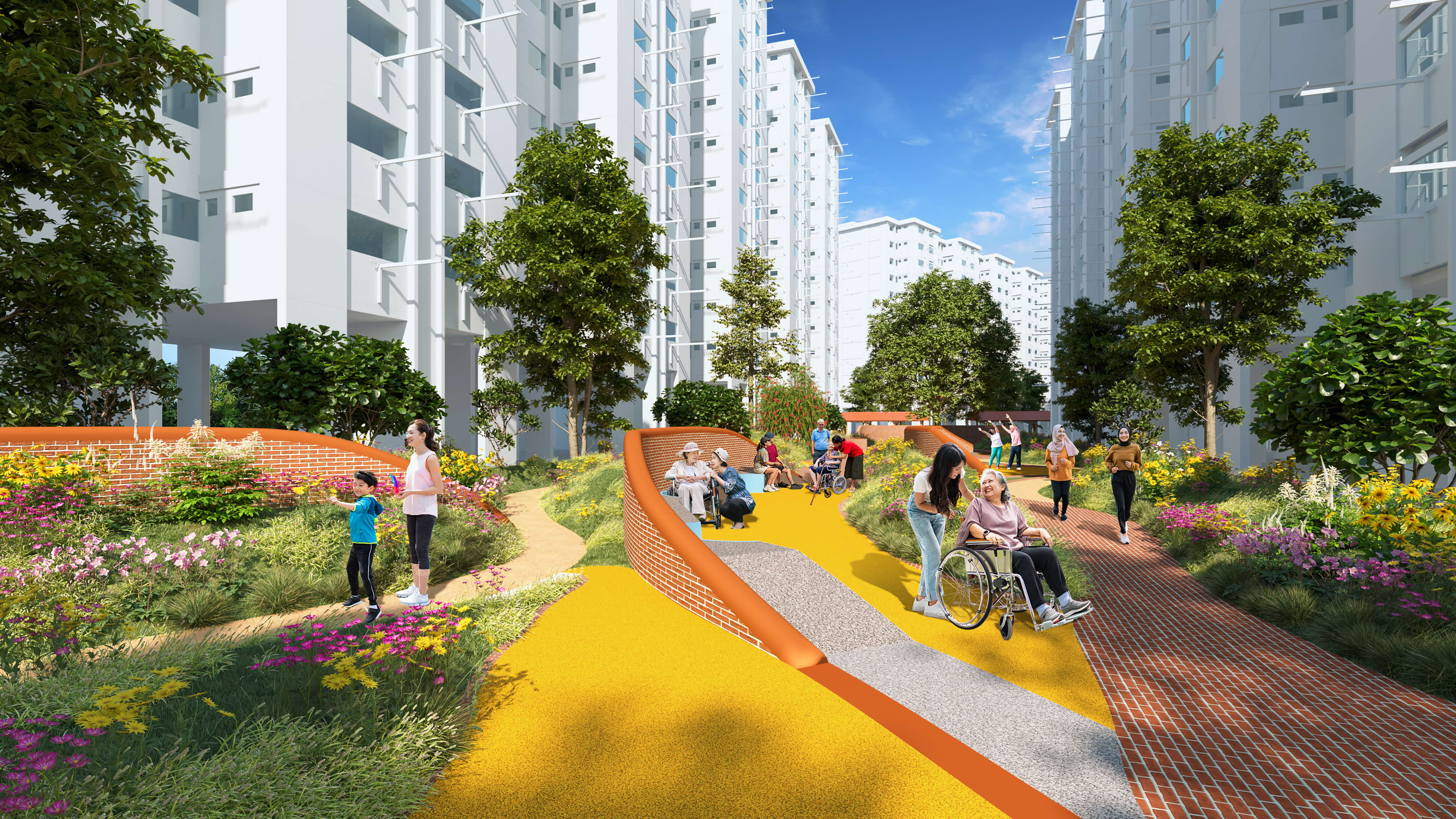 People stroll and sit in a landscaped courtyard with paths and trees between tall white apartment buildings.