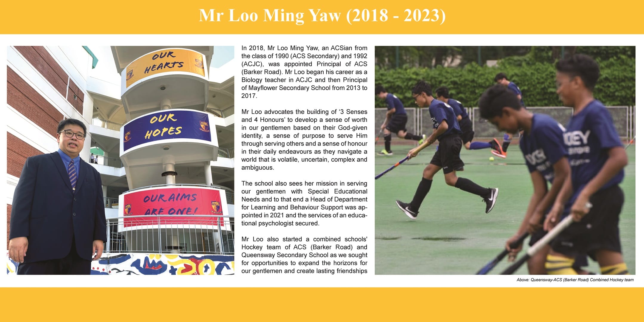 Tribute page for Mr Loo Ming Yaw, showing him standing by the school banners.