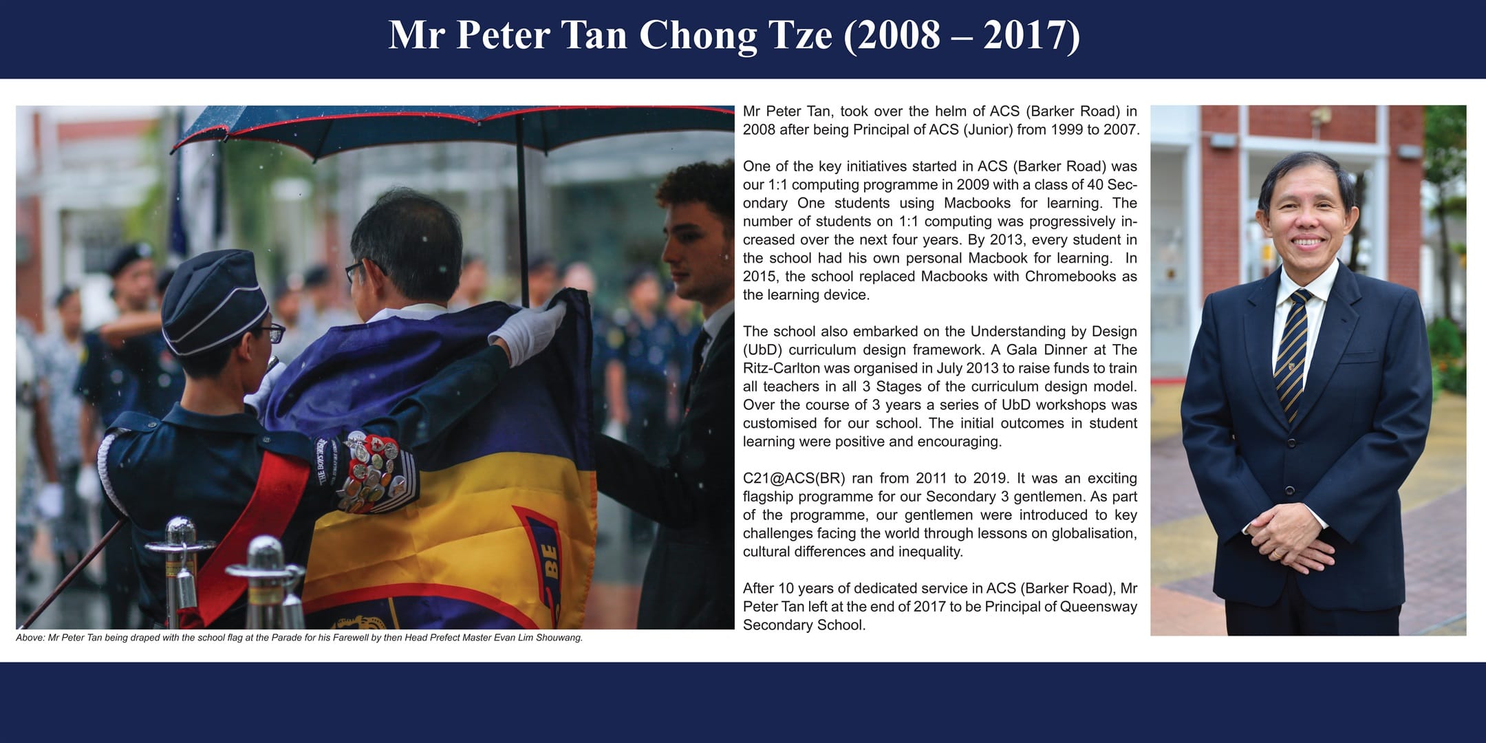 Tribute page for Mr Peter Tan, showing him in a farewell parade scene with school flag.