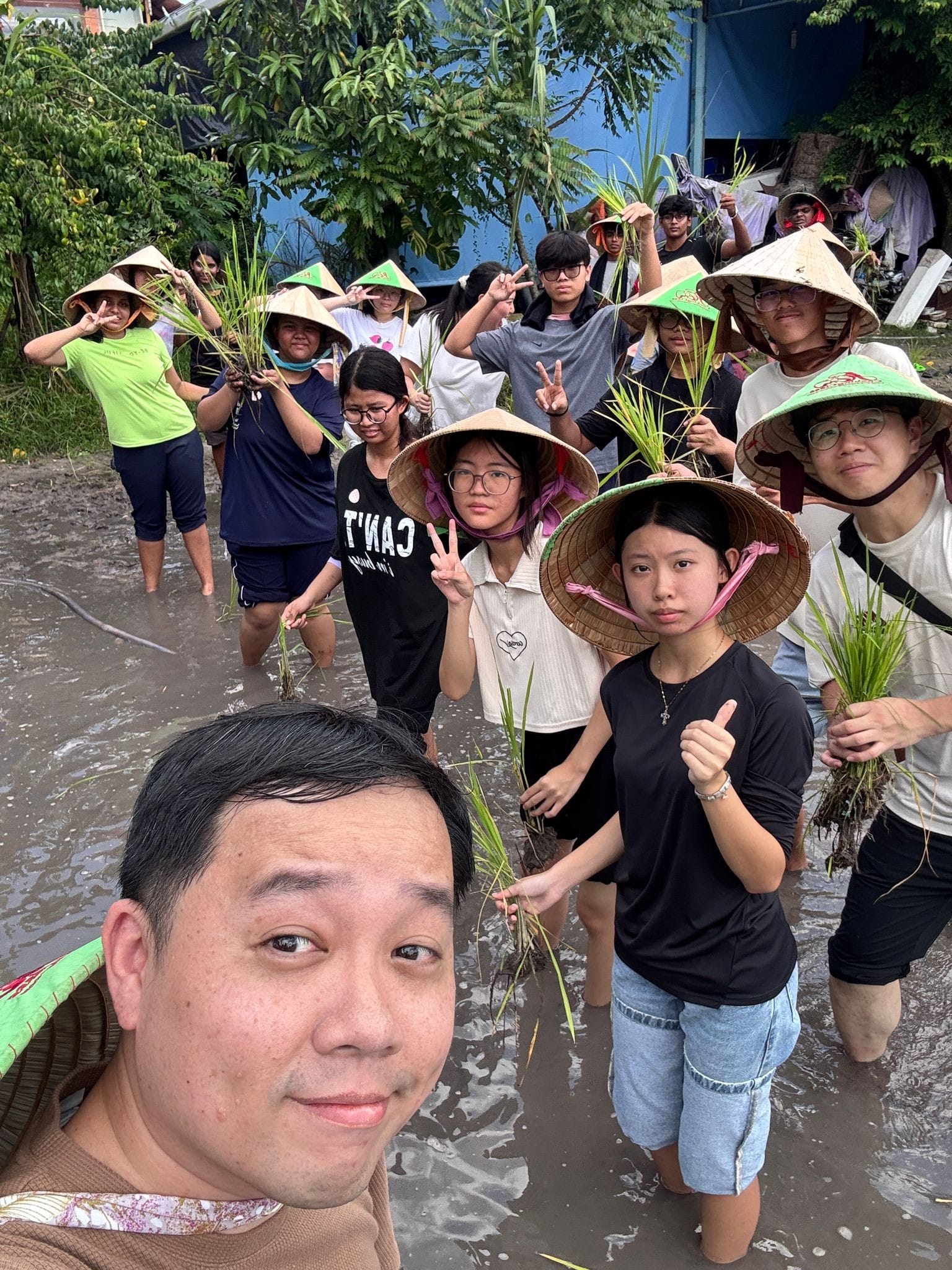 A group of people wearing conical hats standing in a padi field
