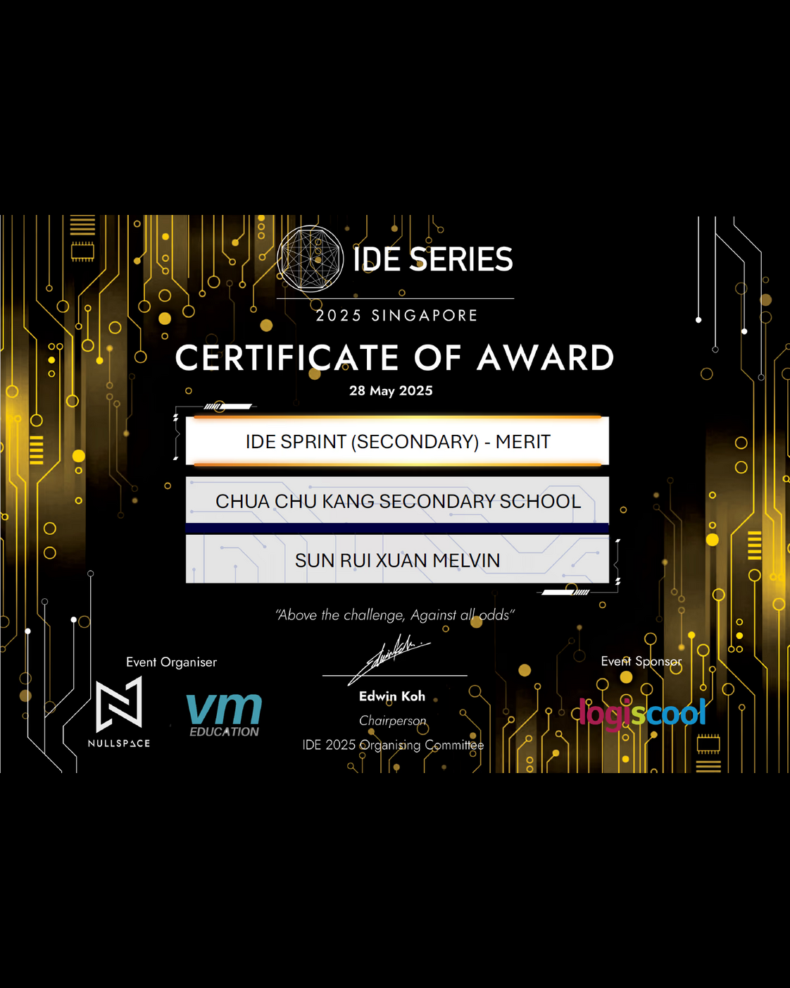 Certificate of Award from IDE Series 2025 Singapore for Sun Rui Xuan Melvin, IDE Sprint Secondary Merit.