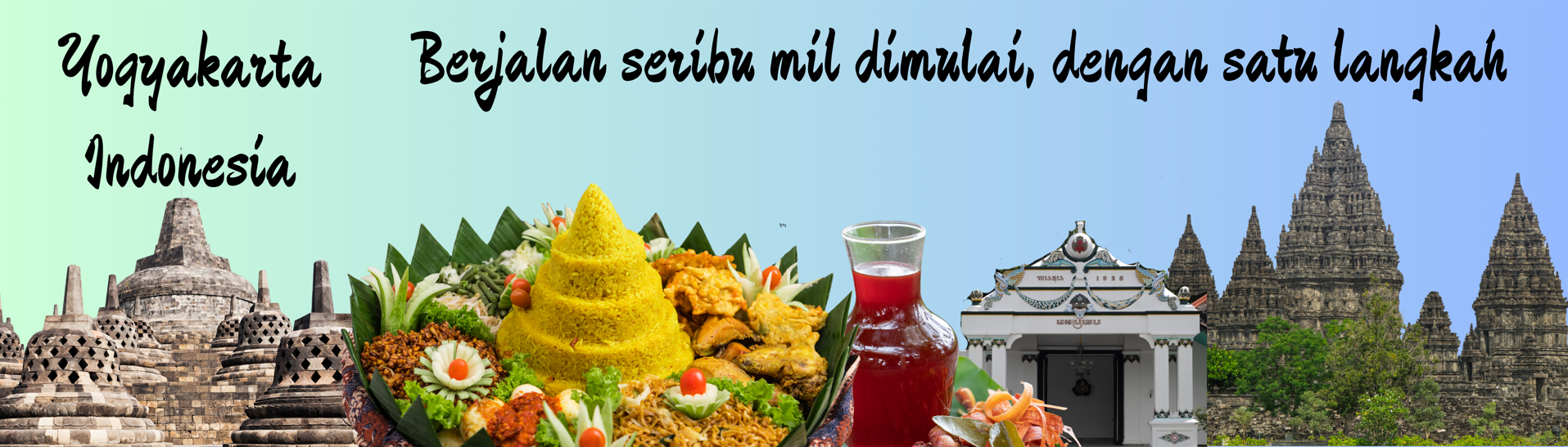 Banner for Yogyakarta, Indonesia showing Borobudur, Prambanan temples, a traditional tumpeng rice dish, and red drink.