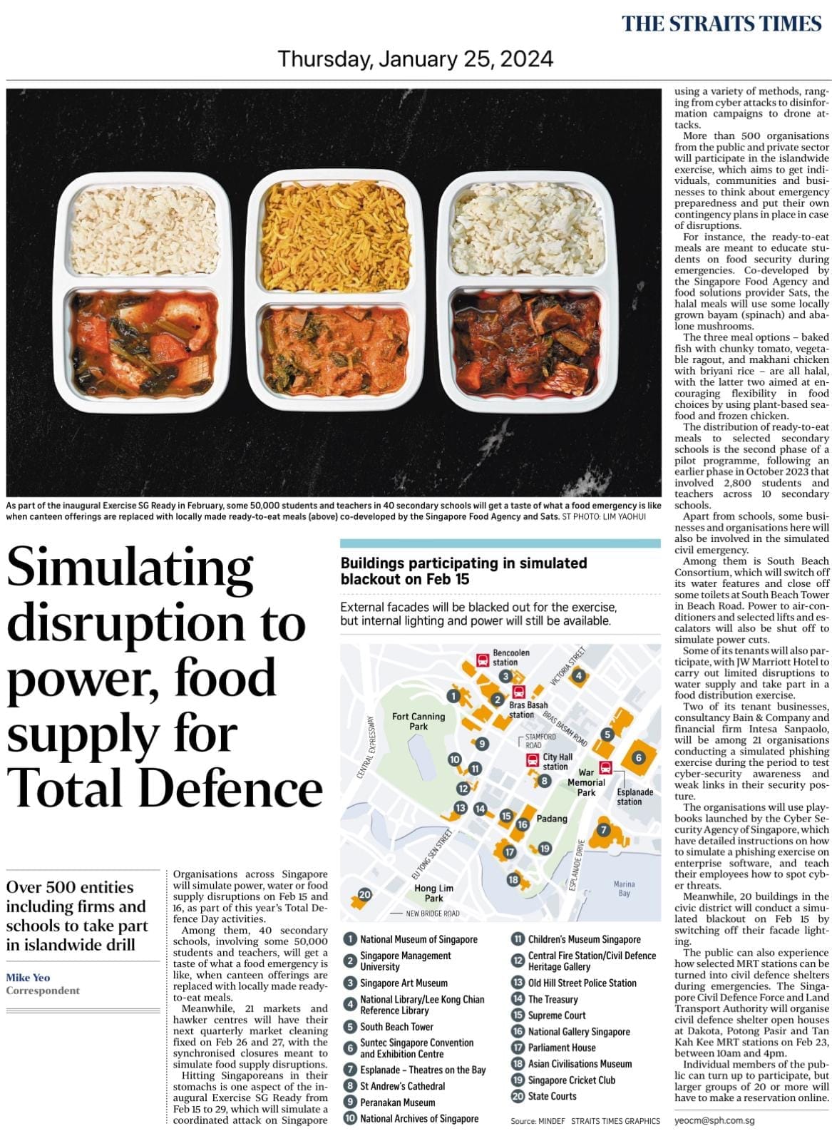 Straits Times newspaper page dated January 25, 2024, featuring ready-to-eat meal trays and a Singapore civic district map.