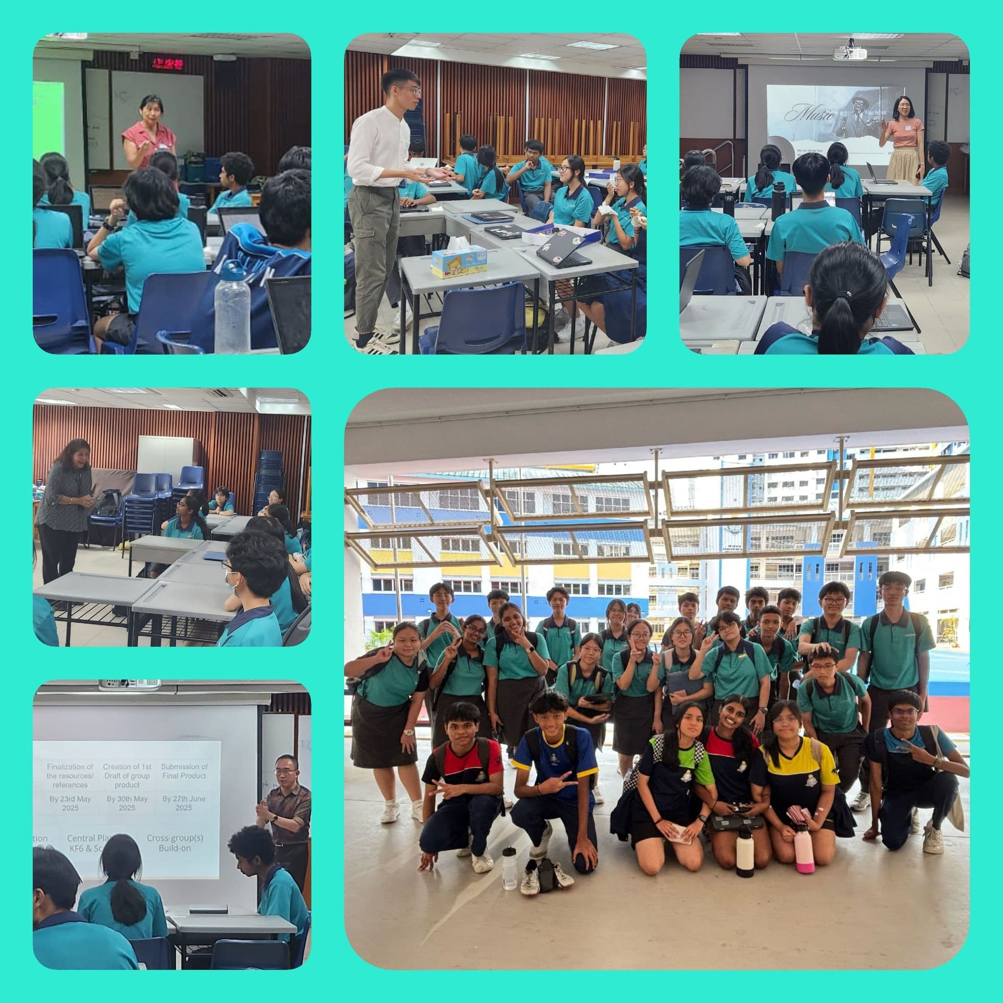 Collage of school students in teal uniforms attending classroom sessions and posing for a group photo outdoors.