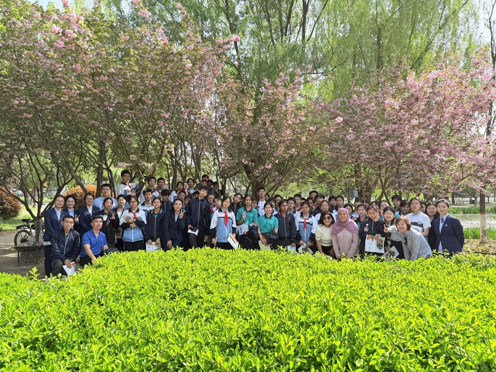 A group of students and teachers pose near some cherry blossom trees