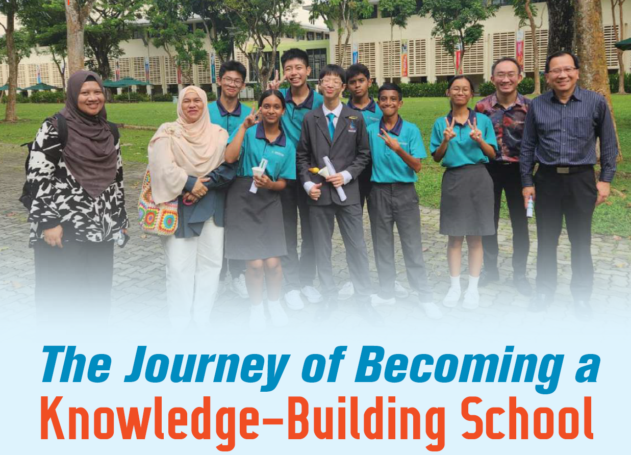 Group of students in teal uniforms and adults posing outdoors near a school building, with text about a Knowledge-Building School.