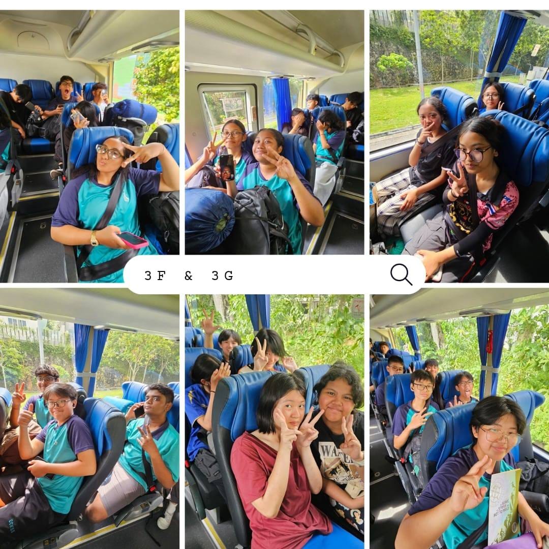 Six photos of students in blue-seated bus posing with peace signs and smiles, labeled 3F and 3G.