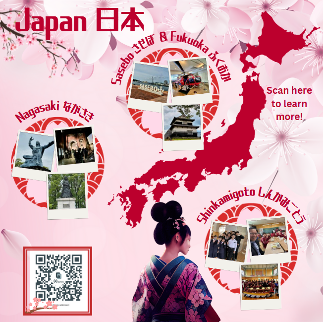 Japan travel poster with a woman in kimono, red map, cherry blossoms, and photos of Nagasaki, Sasebo, Fukuoka, Shinkamigoto.