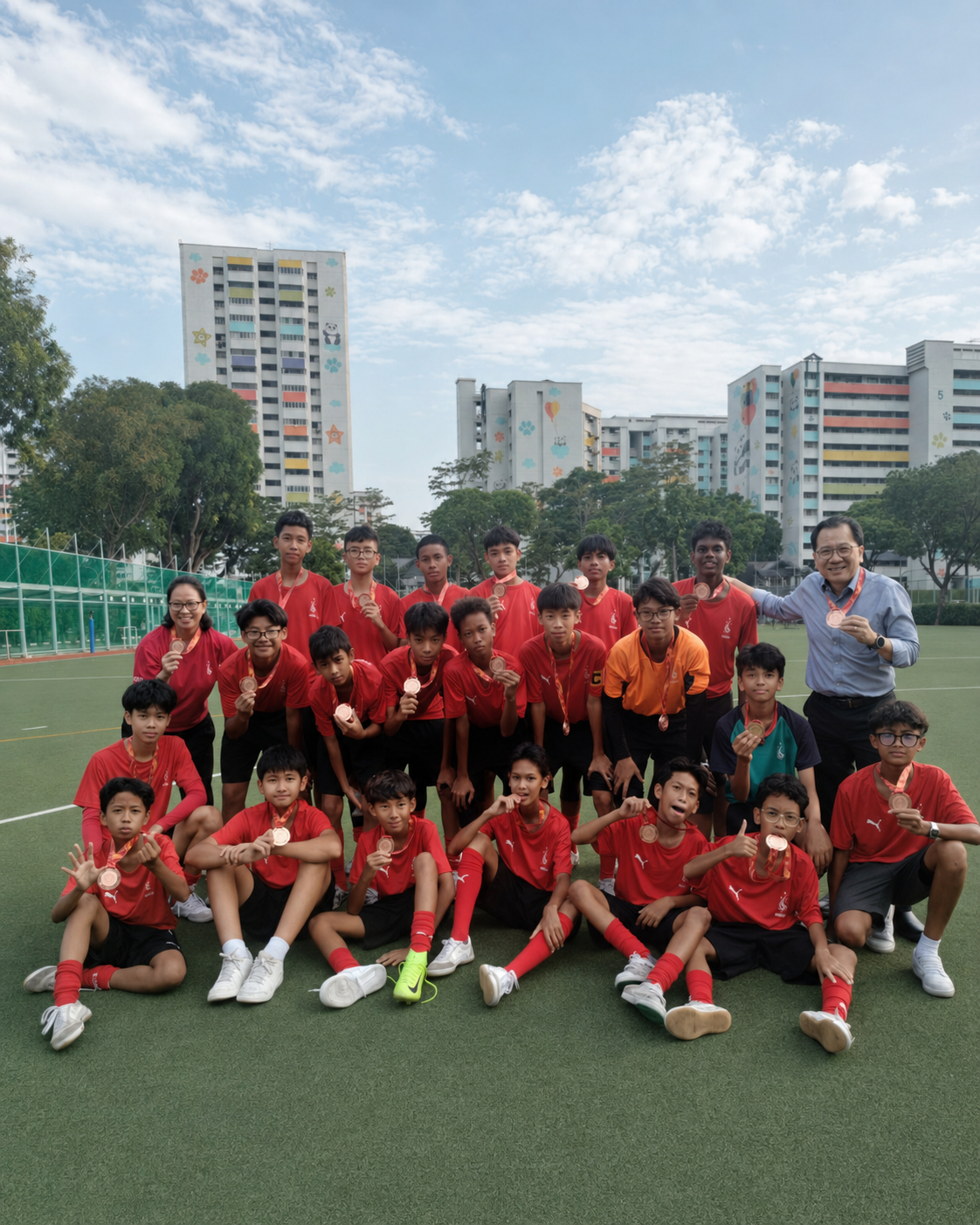 A group of boys in football jerseys pose with their medals