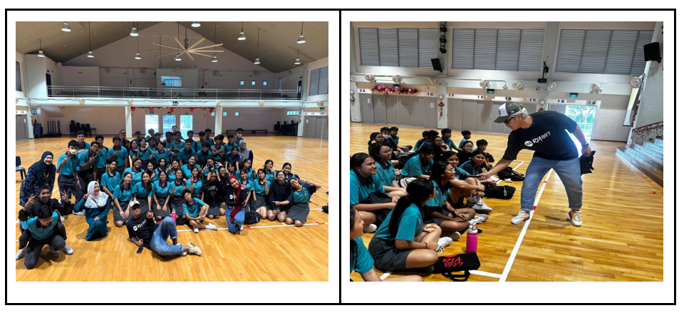 Two indoor gym scenes: a large group photo of students in teal shirts, and an instructor addressing seated students.