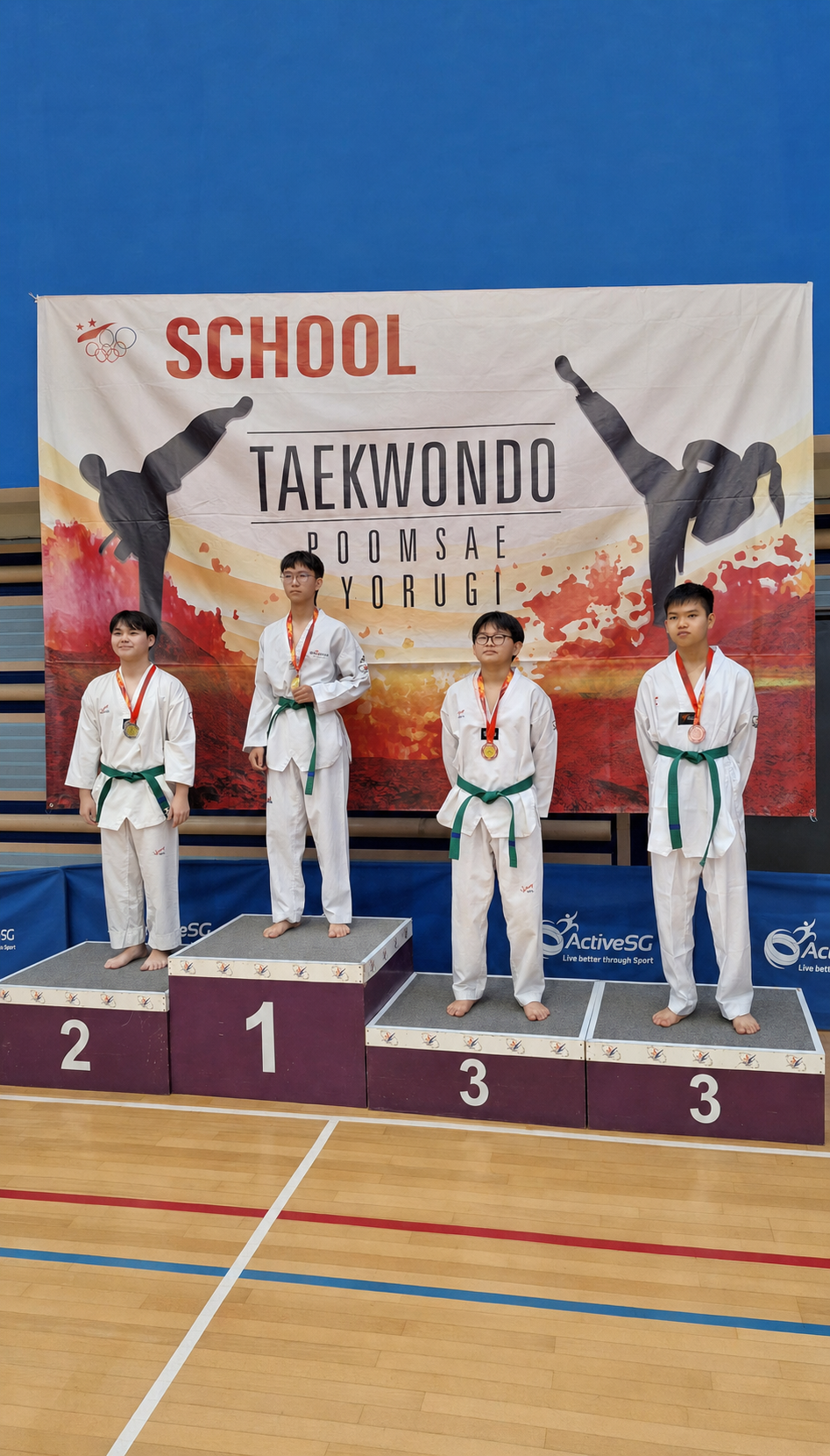 Boys in taekwondo gi on a podium